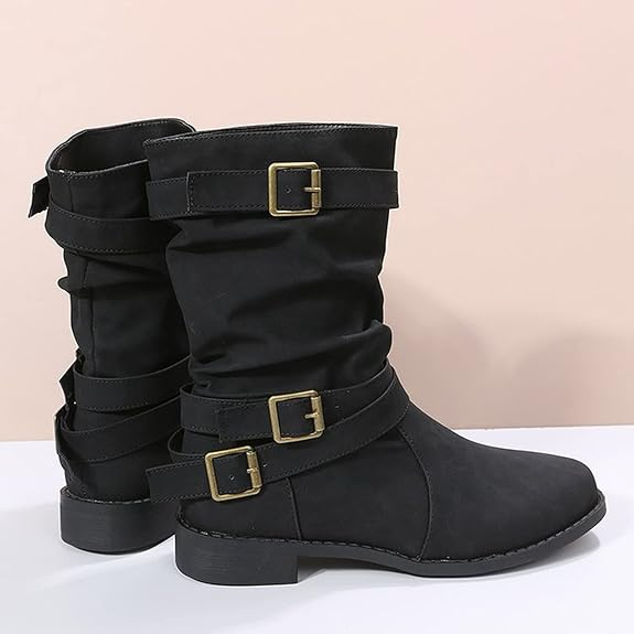 (⏳NOW ON: 70% OFF Sale! 🔥)Fashion Wide Calf Boots Women Leather Square Heels Zipper Round Toe Mid Boots Shoes Outdoor Casual Hiking Boots