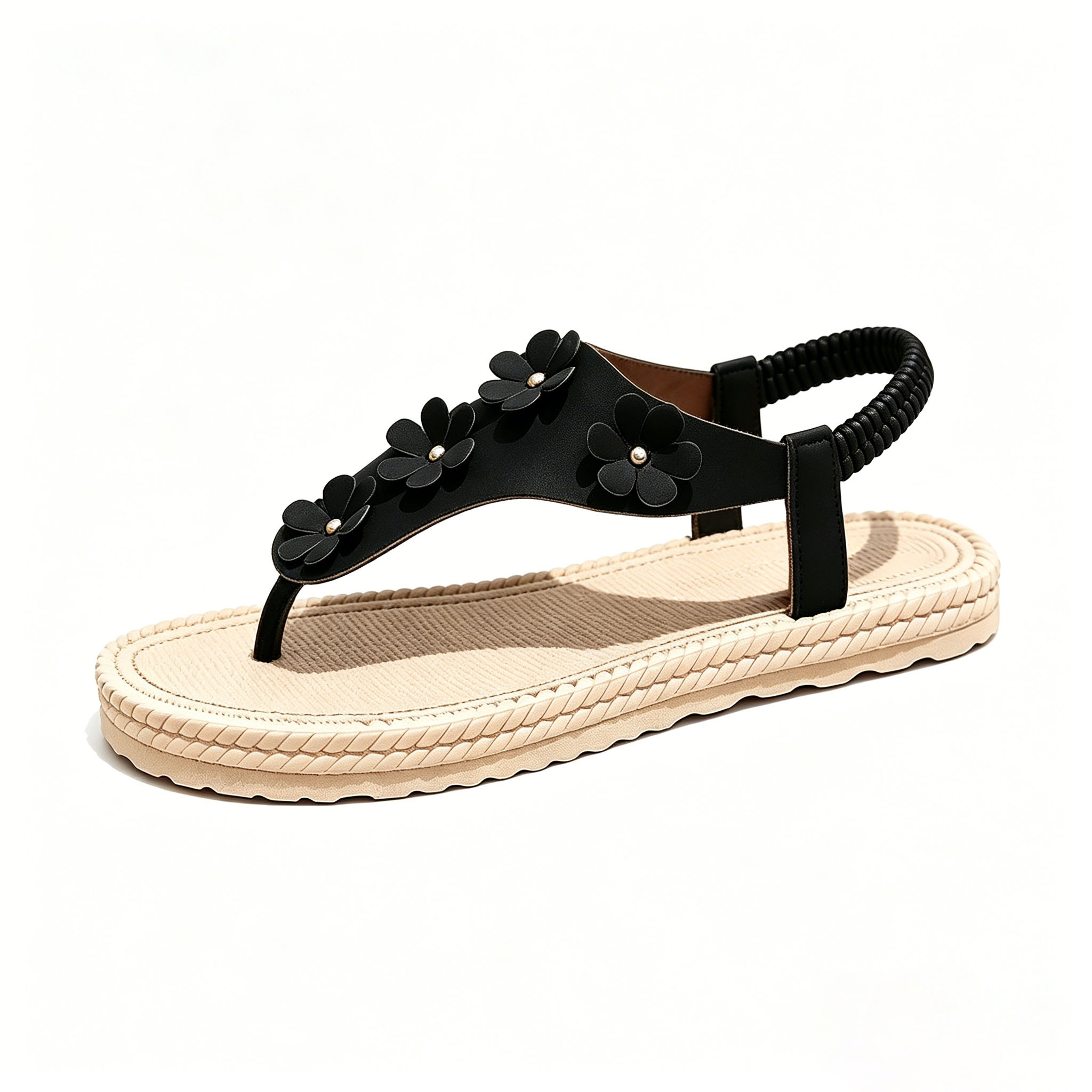 Women's Flower Thong Sandals, Elastic Back Strap Flat Summer Sandals with Floral Accent