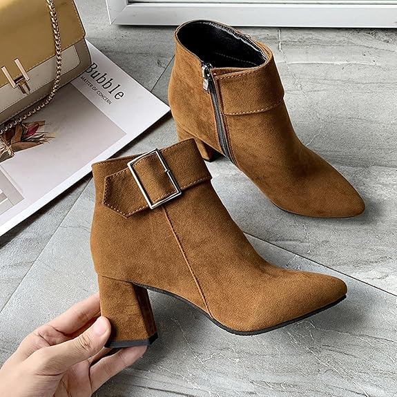 (⏳NOW ON: 70% OFF Sale! 🔥) Fashion Chunky Heel Pointed Boots Office Work Elegant Winter Ankle Boot Comfy Mid Heel Side Zip Faux Suede Booties