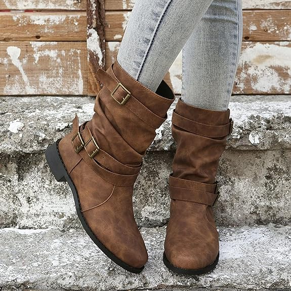 (⏳NOW ON: 70% OFF Sale! 🔥)Fashion Wide Calf Boots Women Leather Square Heels Zipper Round Toe Mid Boots Shoes Outdoor Casual Hiking Boots