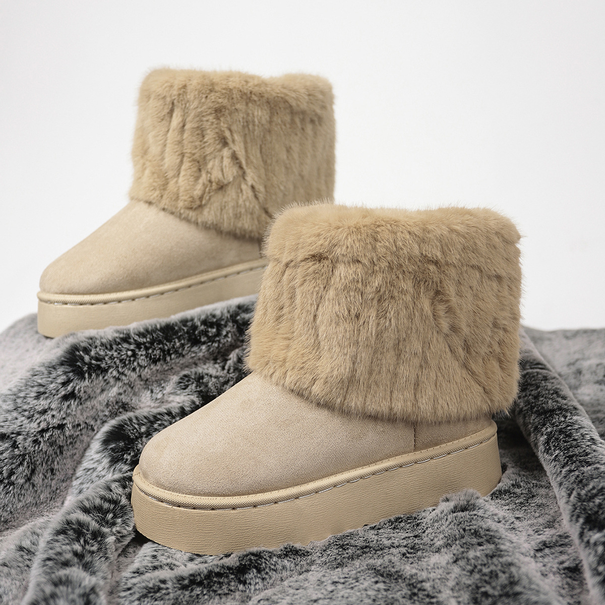 (⏳NOW ON: 70% OFF Sale! 🔥)Women’s Faux Suede Thick Sole Fuzzy Winter Snow Boots Round Toe Casual Warm Shoes