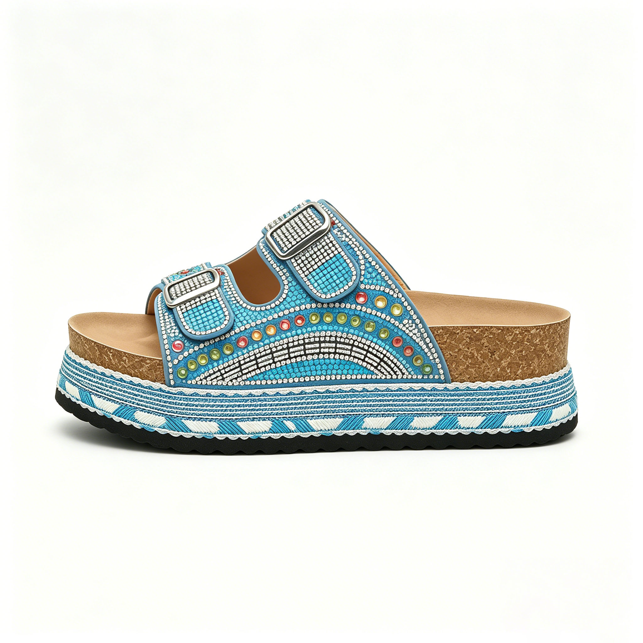 Women's Boho Beaded Rhinestone Platform Slides, Cork Footbed Adjustable Buckle Wedge Sandals