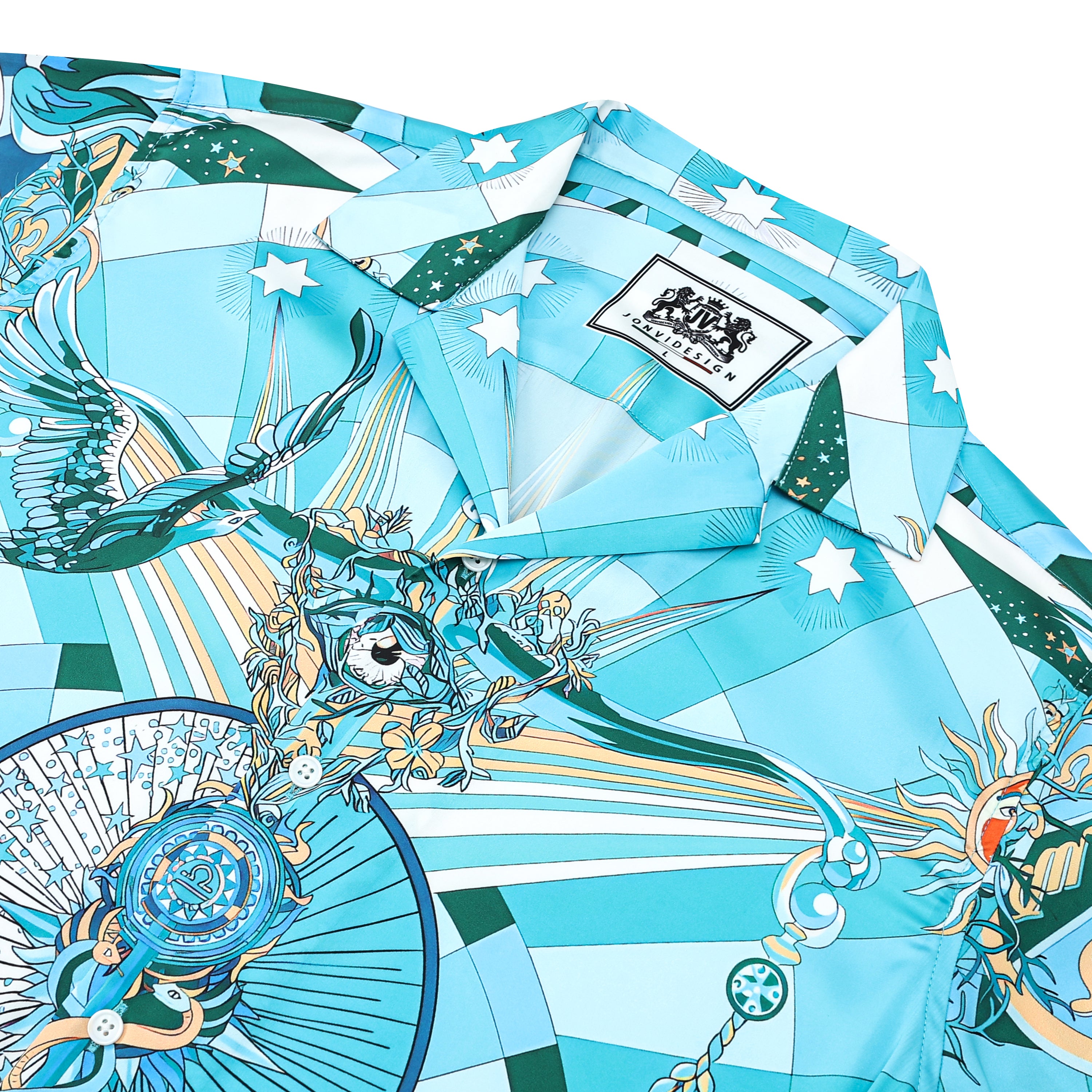 Teal Myth Pattern Camp Collar Casual Shirt Jonvidesign