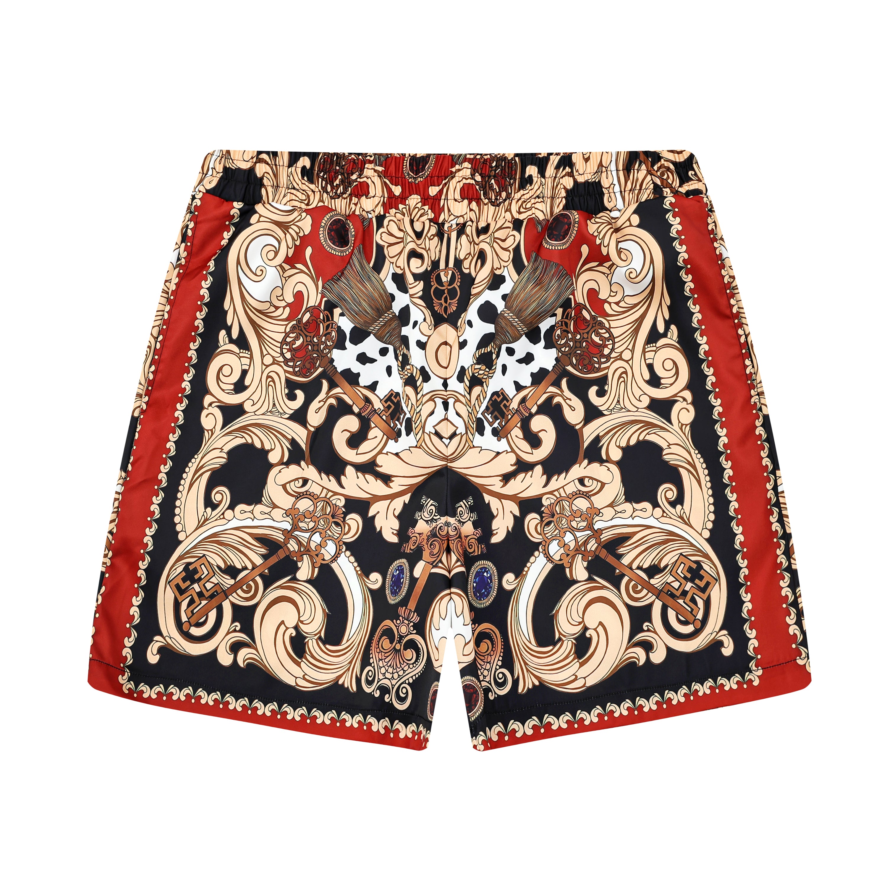 Baroque Pattern Drawstring-Free Casual Shorts in Red Jonvidesign