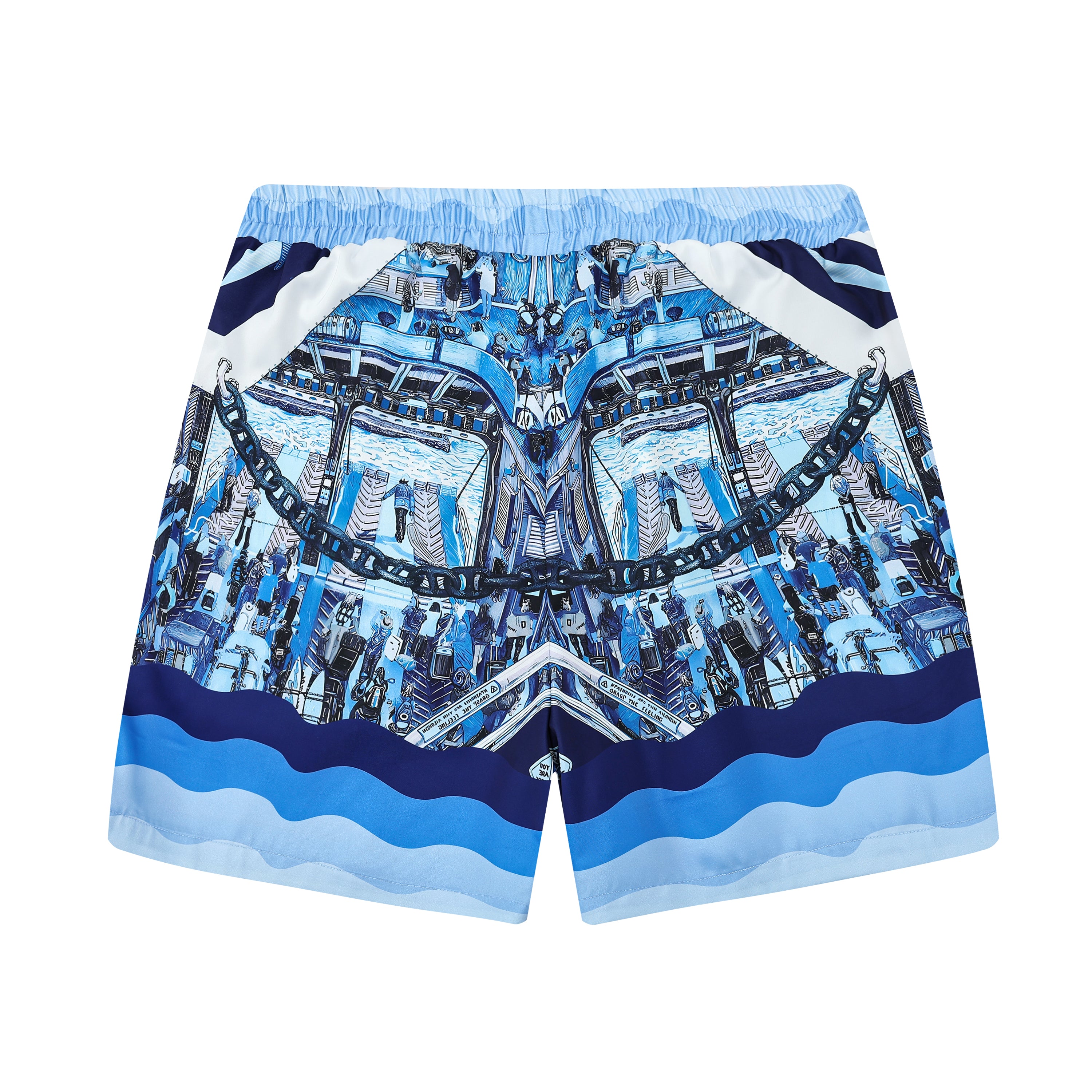 Blue Ferry Pattern Elastic Waistband Casual Shorts Jonvidesign