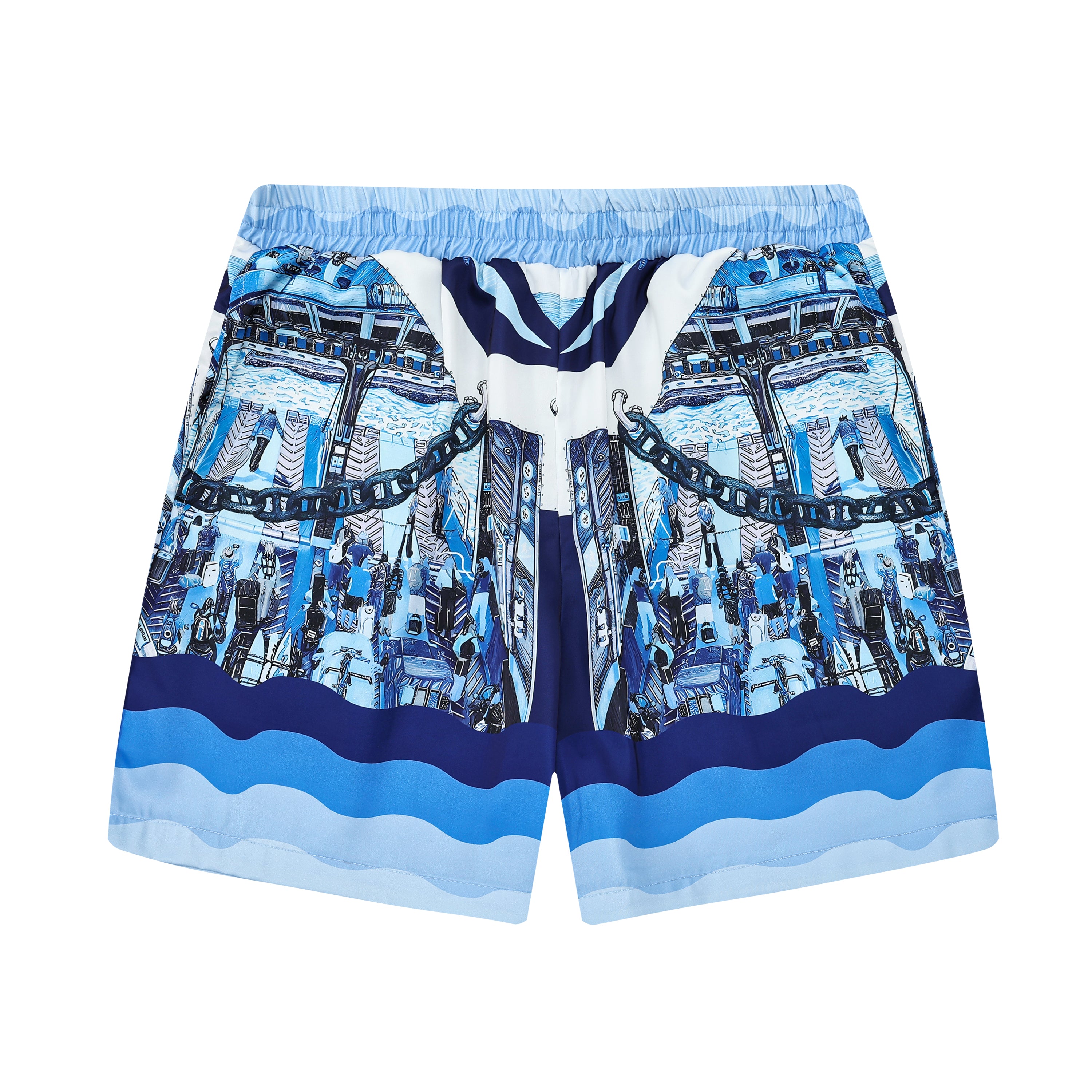 Blue Ferry Pattern Elastic Waistband Casual Shorts Jonvidesign