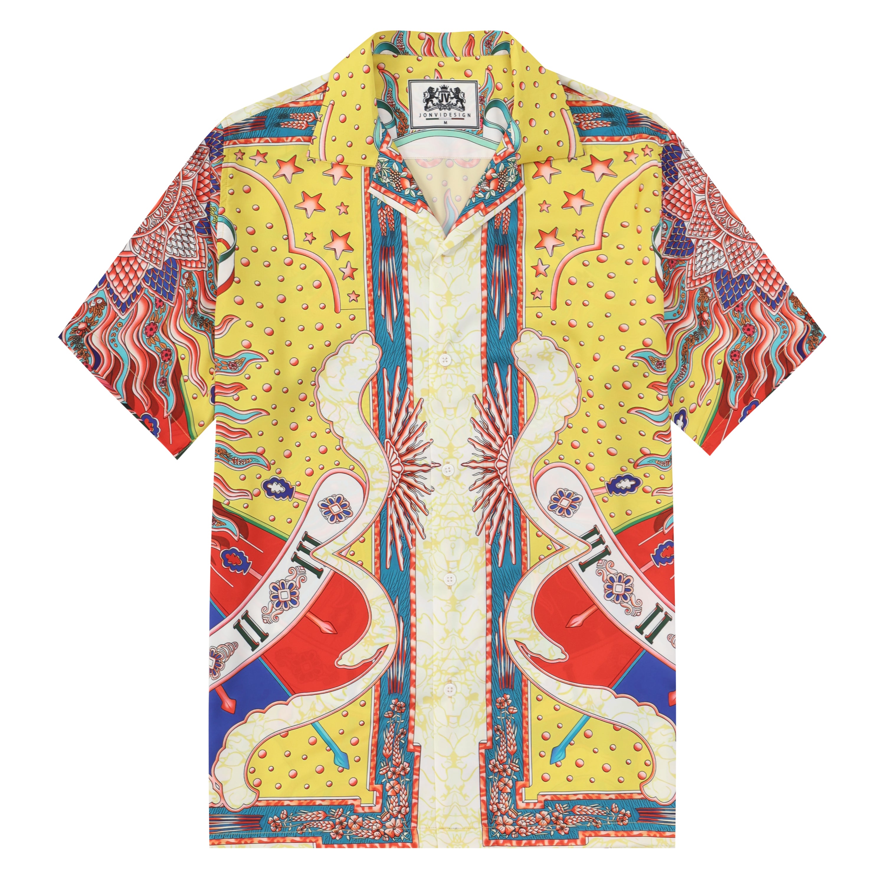 Yellow Star and Moon Pattern Camp Collar Shirt Jonvidesign