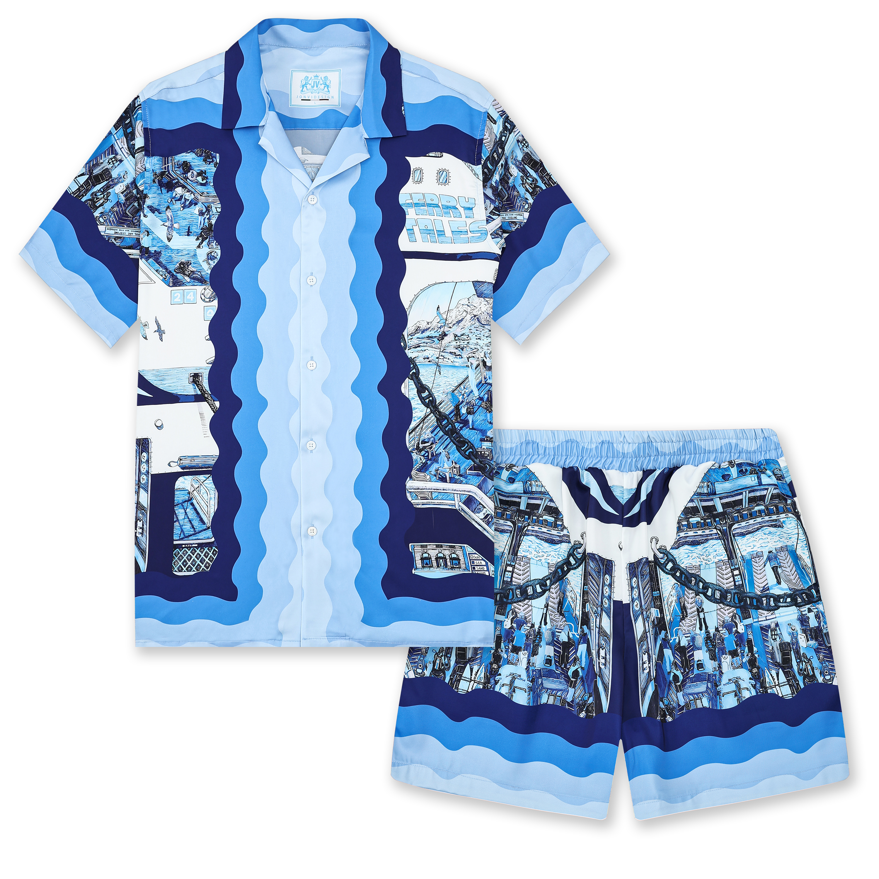 Blue Ferry Pattern Elastic Waistband Casual Shorts Jonvidesign