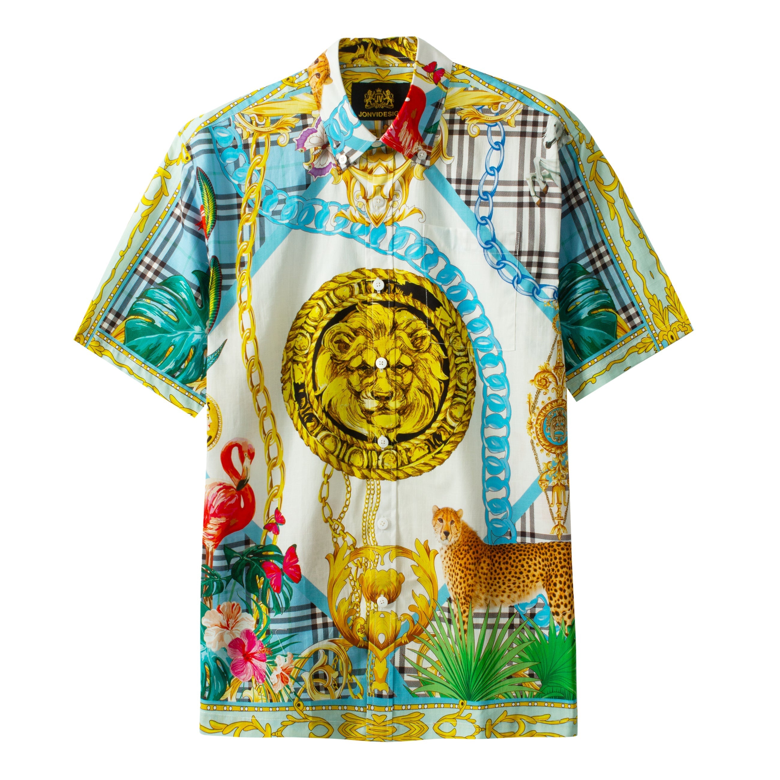 Animal Pattern Short Sleeve Shirt for Men with Chain Accents Jonvidesign