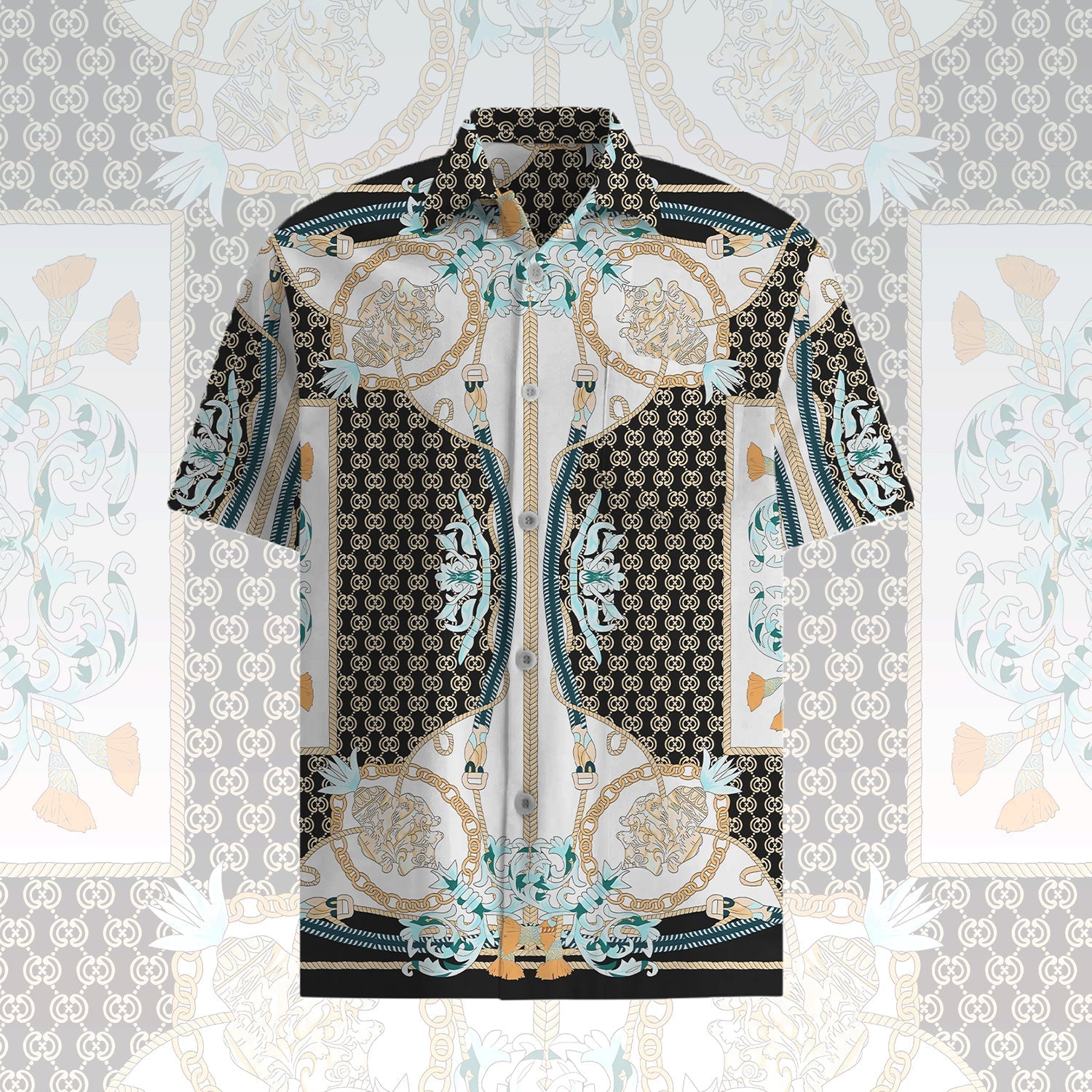 Classic Pattern Short Sleeve Shirt with Chain and Rope Accents Jonvidesign