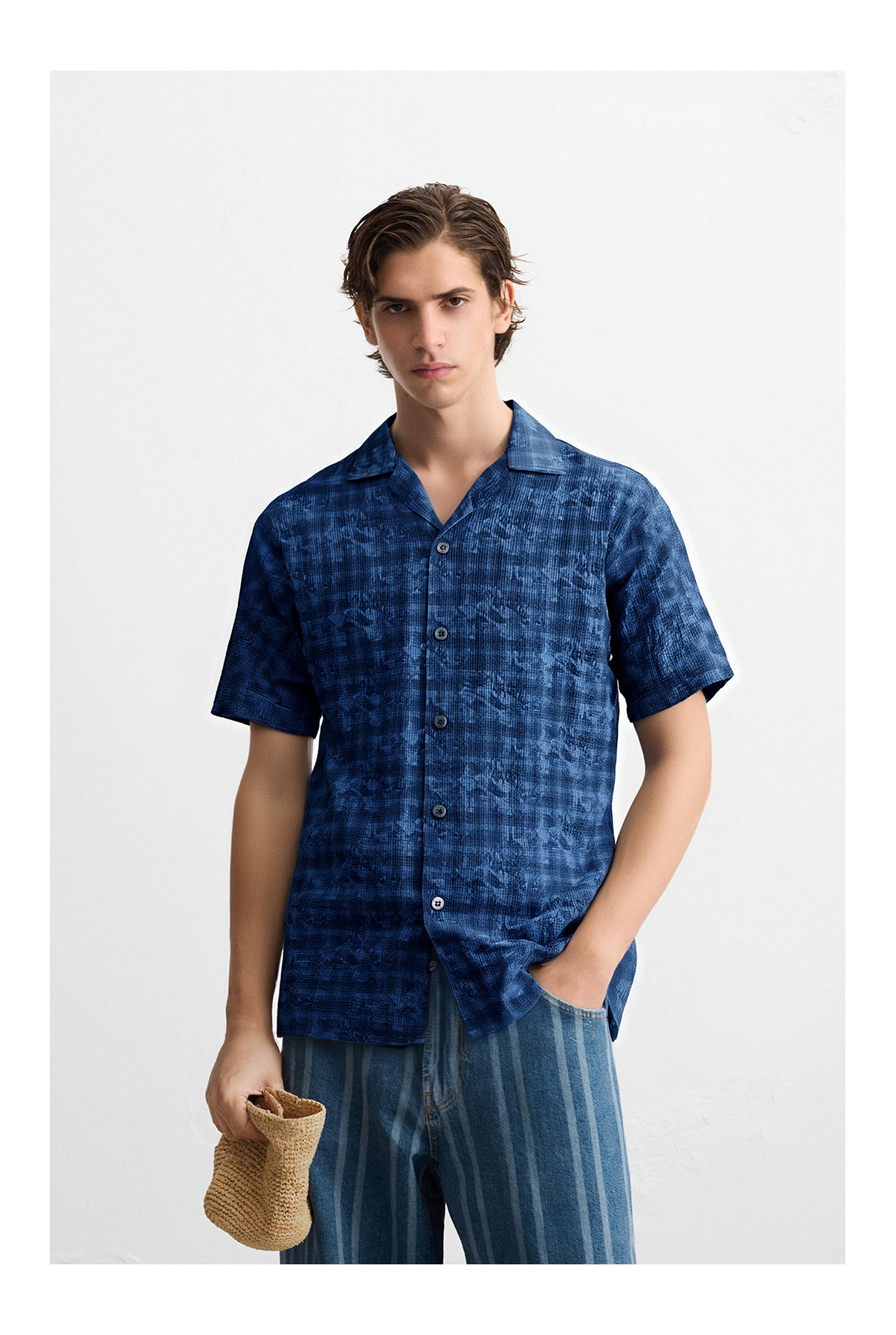 Indigo Washed Grid Print Cuban Collar Short Sleeve Printed Fabric Shirt