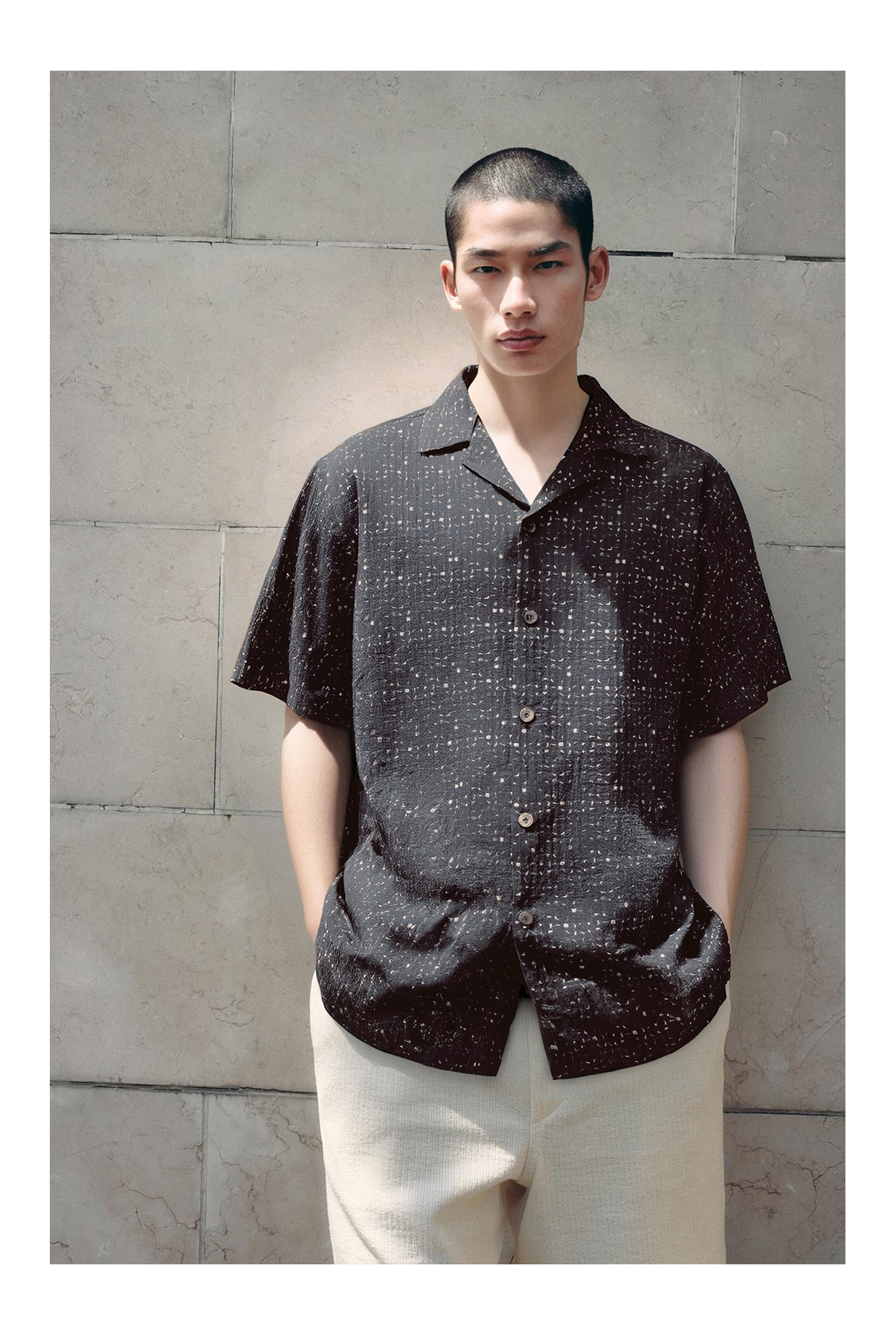 Speckle Print Cuban Collar Short Sleeve Printed Fabric Shirt