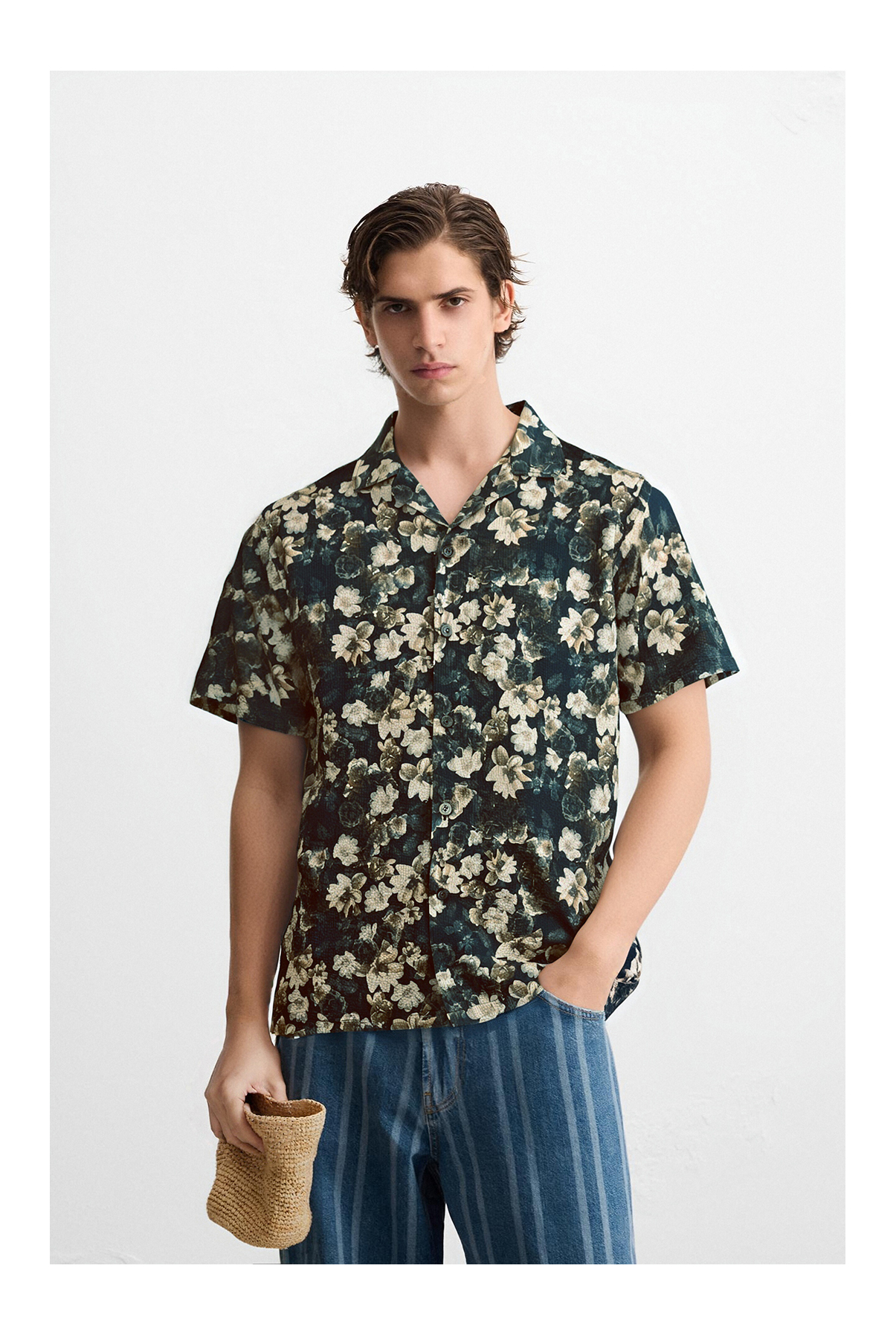 Vintage Washed Floral Print Cuban Collar Short Sleeve Printed Fabric Shirt