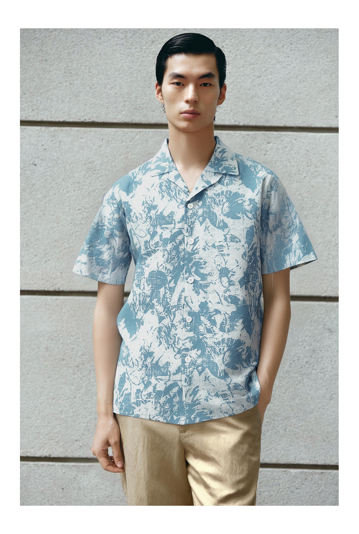 Abstract Leaf Marble Print Cuban Collar Short Sleeve Printed Fabric Shirt