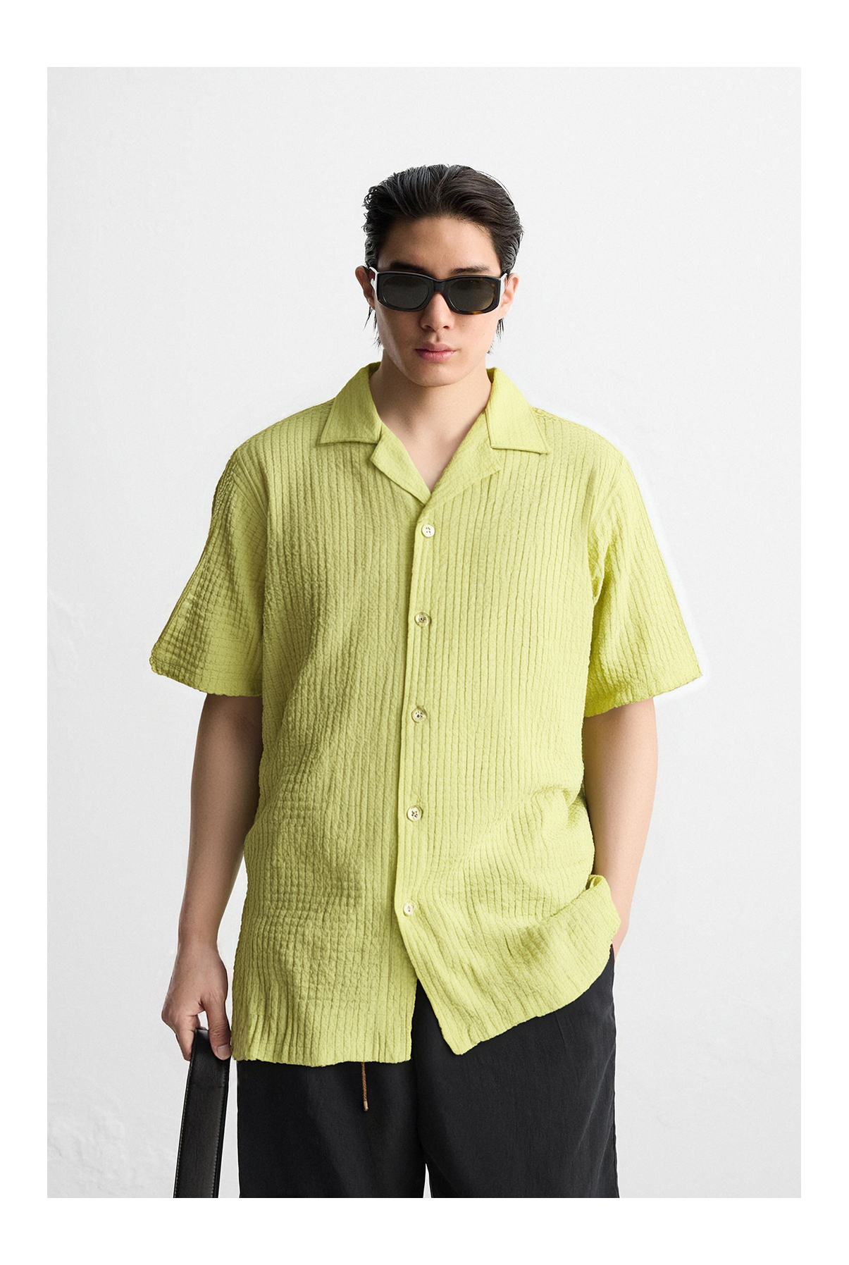Textured Grid Crepe Cuban Collar Short Sleeve Crepe Fabric Shirt