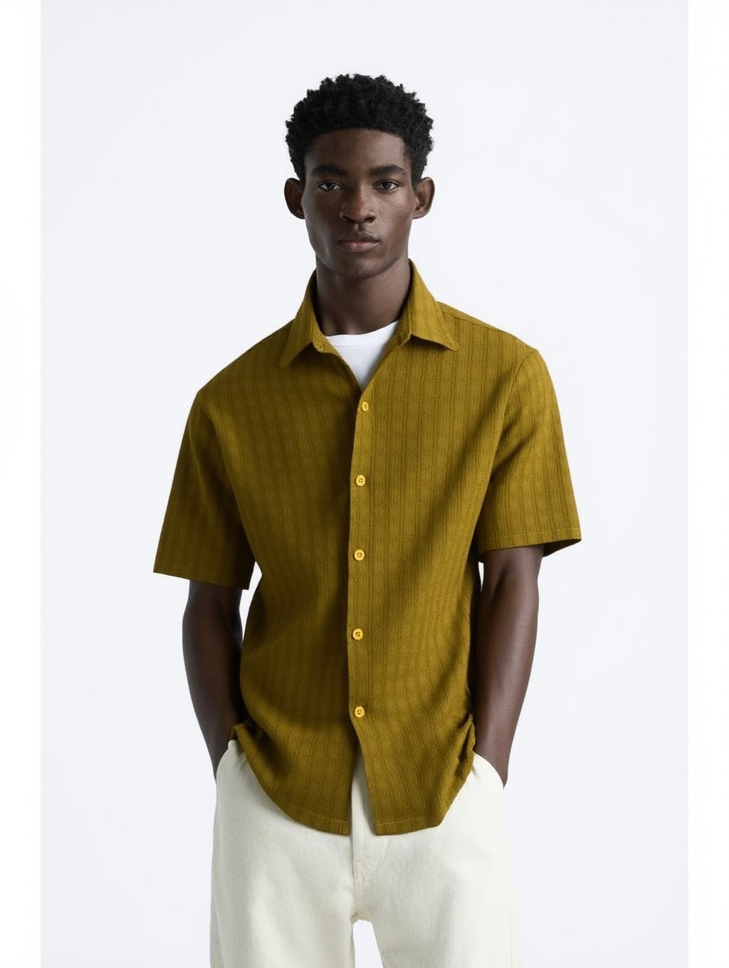 Vintage Striped Crepe Cuban Collar Short Sleeve Crepe Fabric Shirt