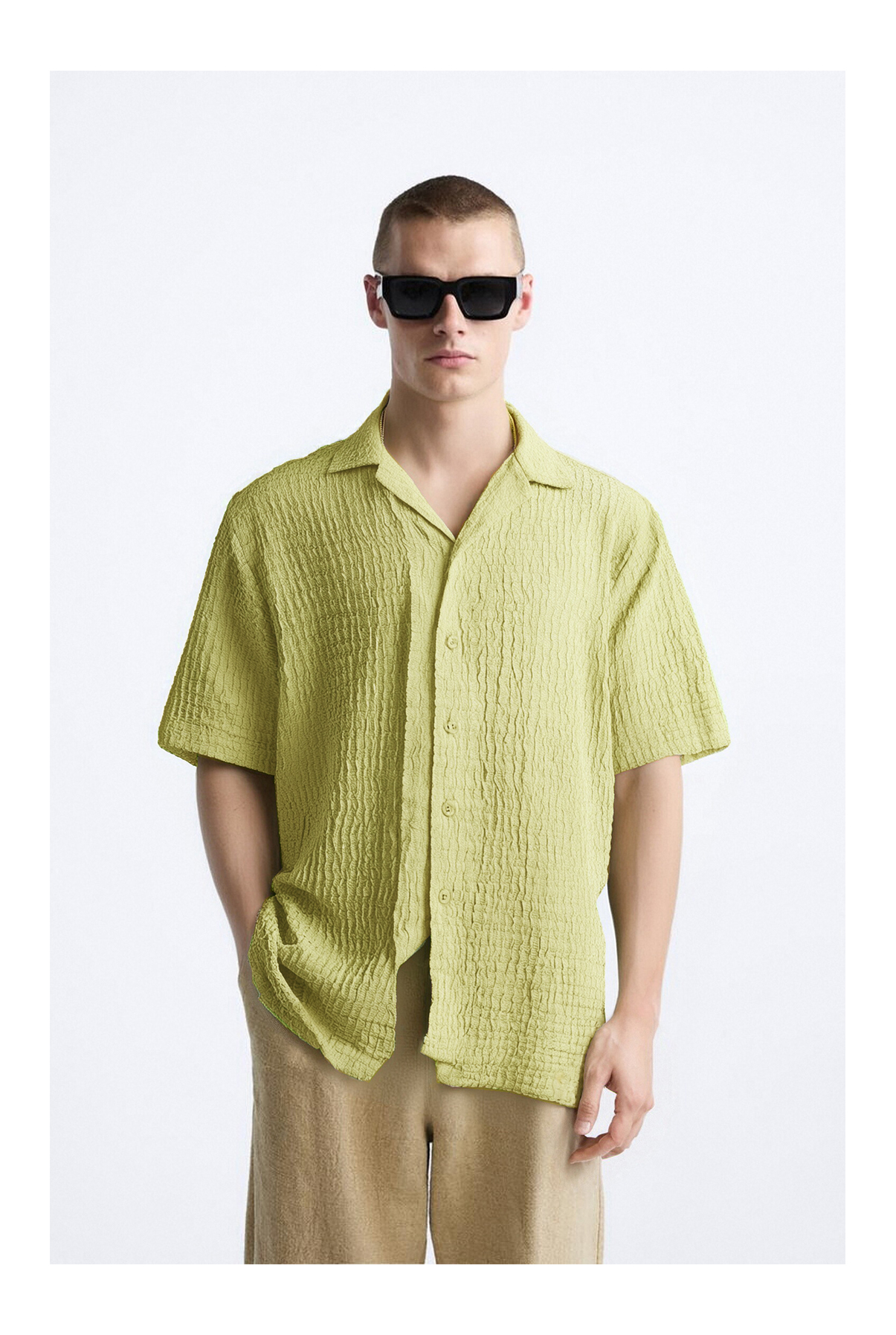 Voluminous Crepe Cuban Collar Short Sleeve Crepe Fabric Shirt