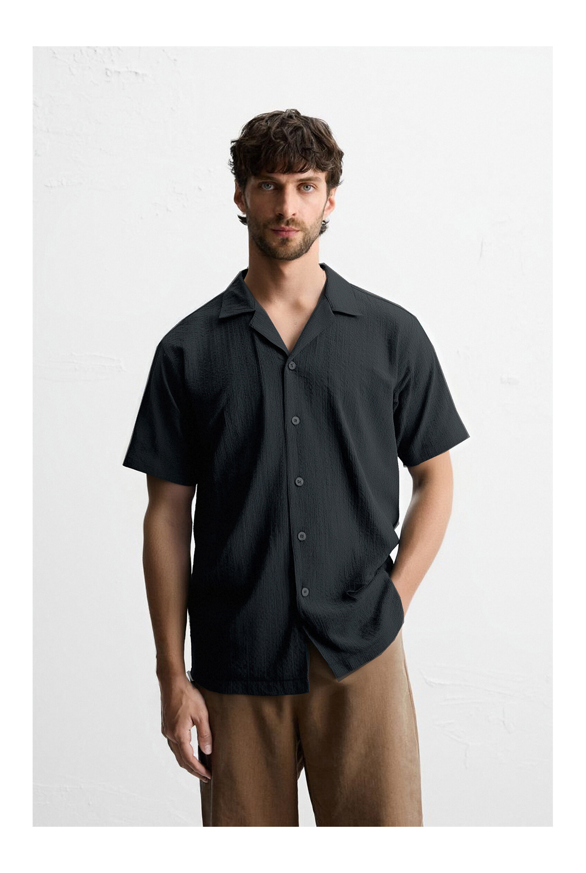 Minimalist Textured Crepe Cuban Collar Short Sleeve Crepe Fabric Shirt