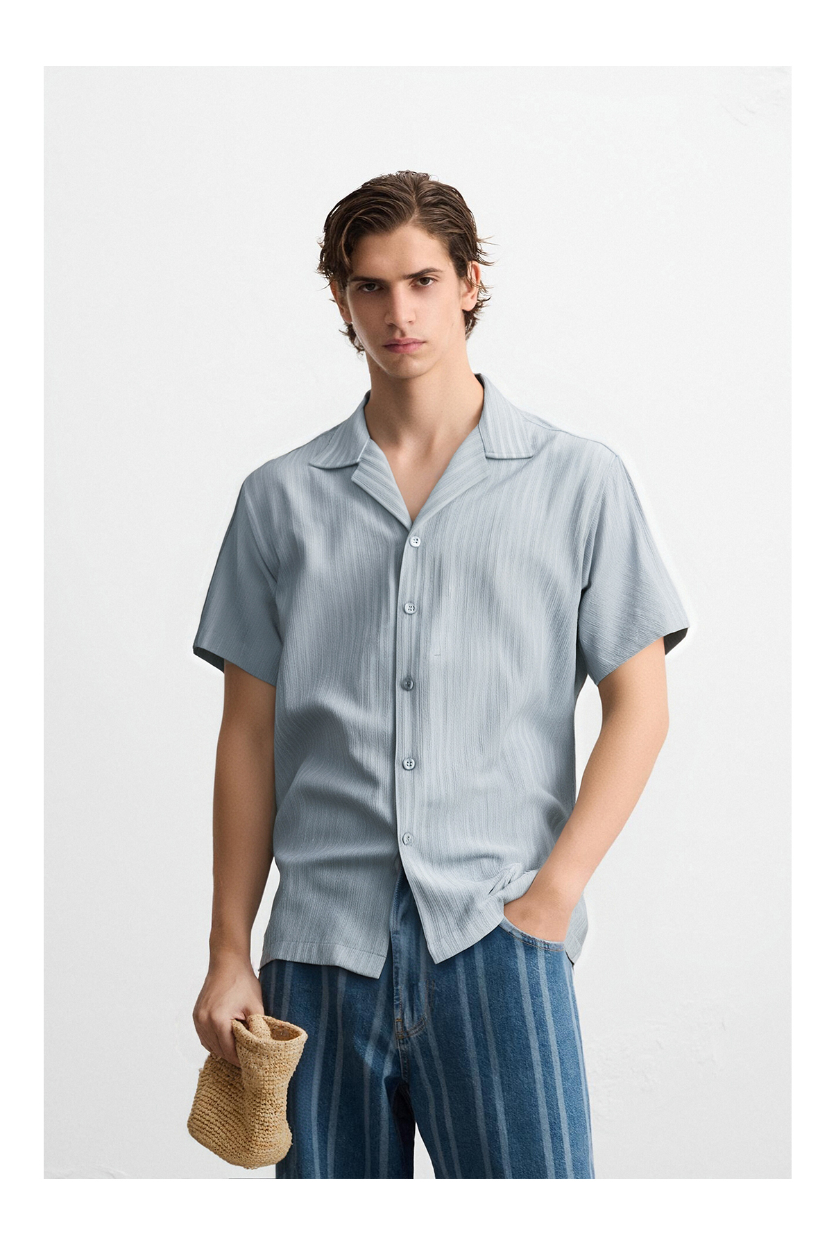 3D Textured Crepe Cuban Collar Short Sleeve Crepe Fabric Shirt