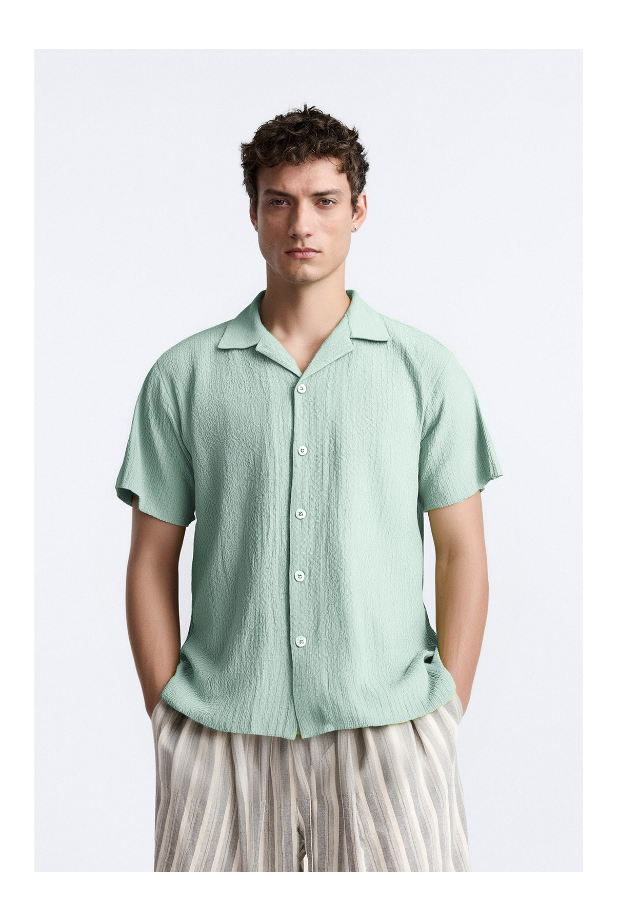 Soft Breathable Crepe Cuban Collar Short Sleeve Crepe Fabric Shirt