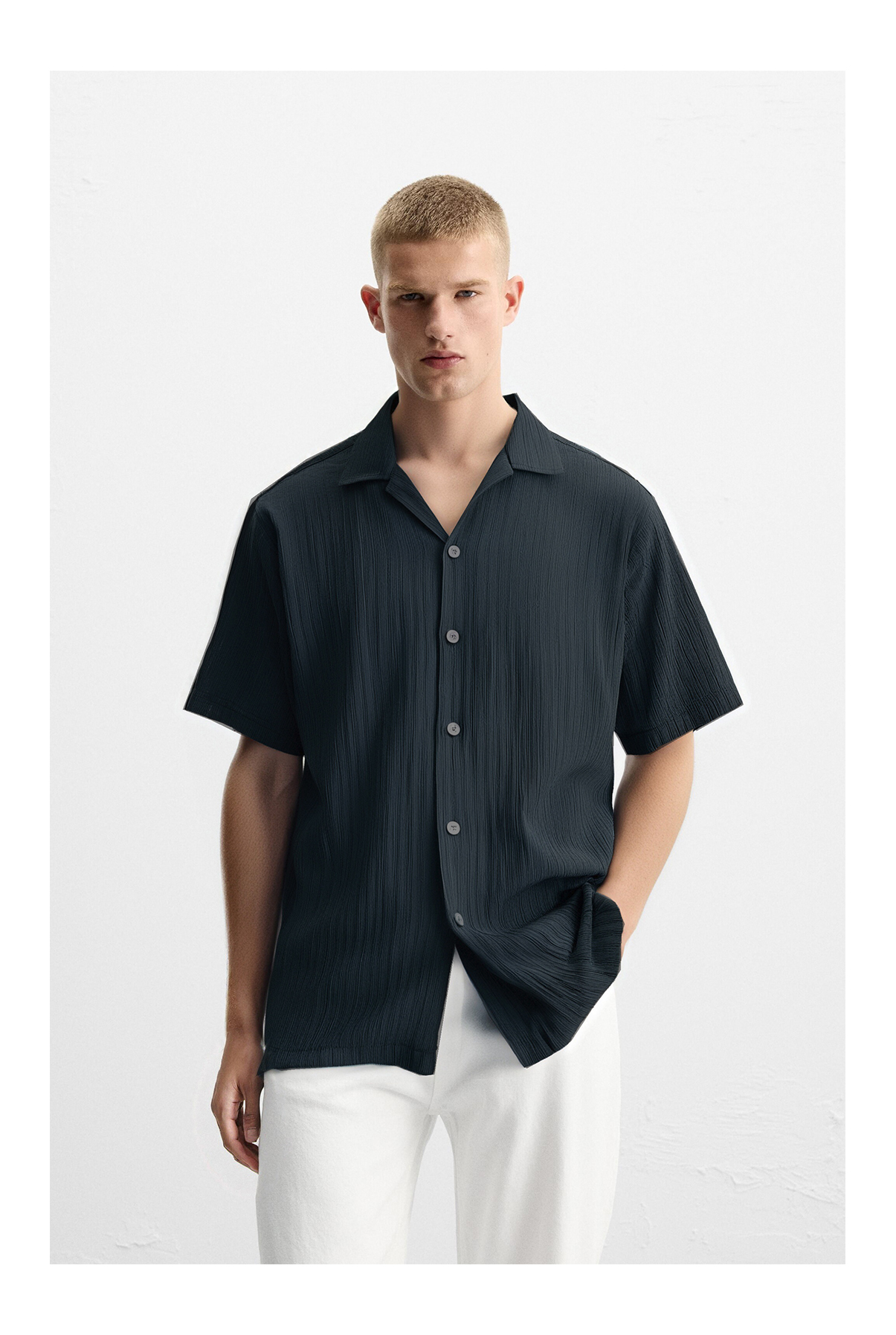 Matte Finish Crepe Cuban Collar Short Sleeve Crepe Fabric Shirt