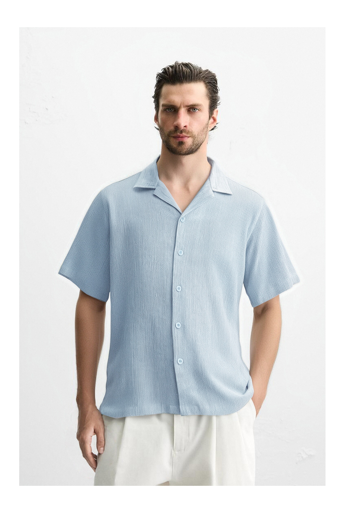 Textured Waffle Crepe Cuban Collar Short Sleeve Crepe Fabric Shirt