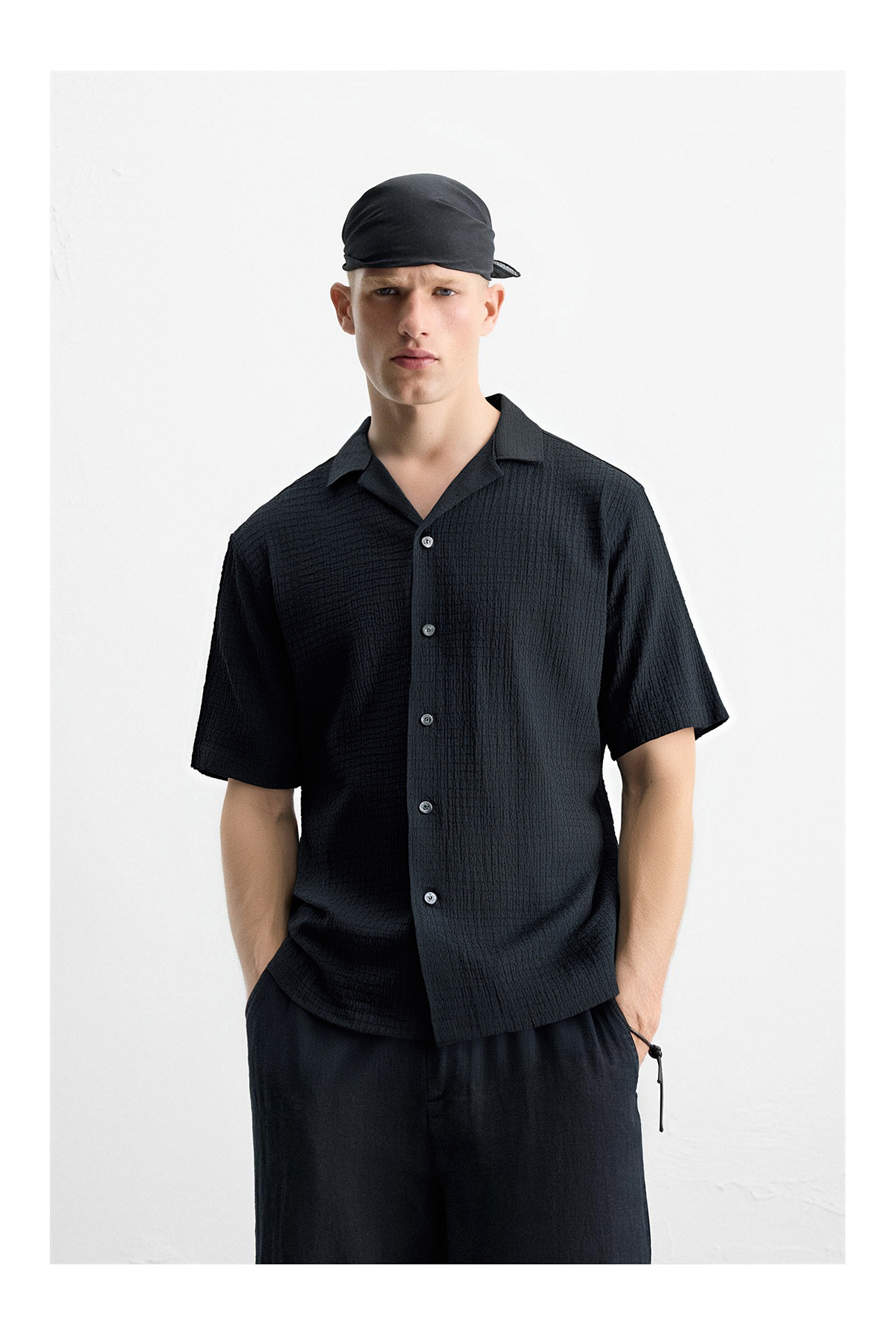 Matte Textured Crepe Crepe Fabric Cuban Collar Short Sleeve Shirt