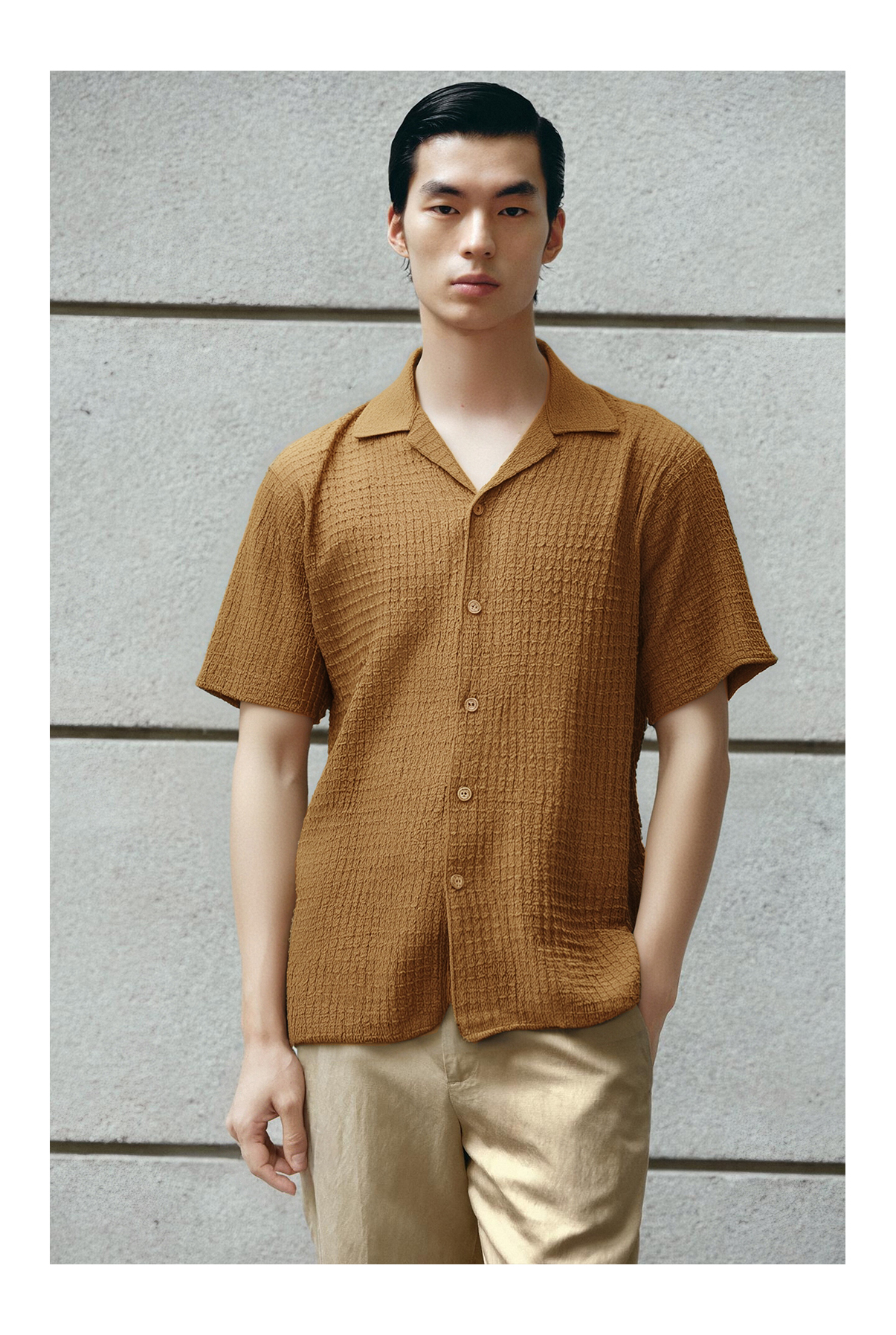 Vintage Textured Crepe Fabric Cuban Collar Short Sleeve Shirt