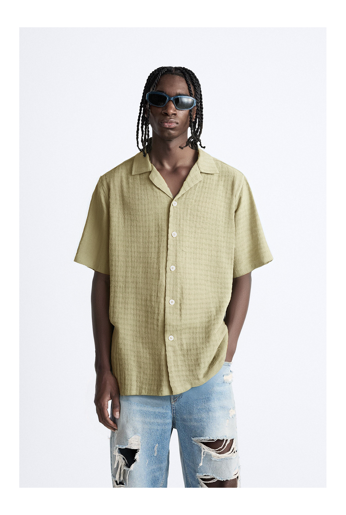 Relaxed Textured Crepe Fabric Cuban Collar Short Sleeve Shirt