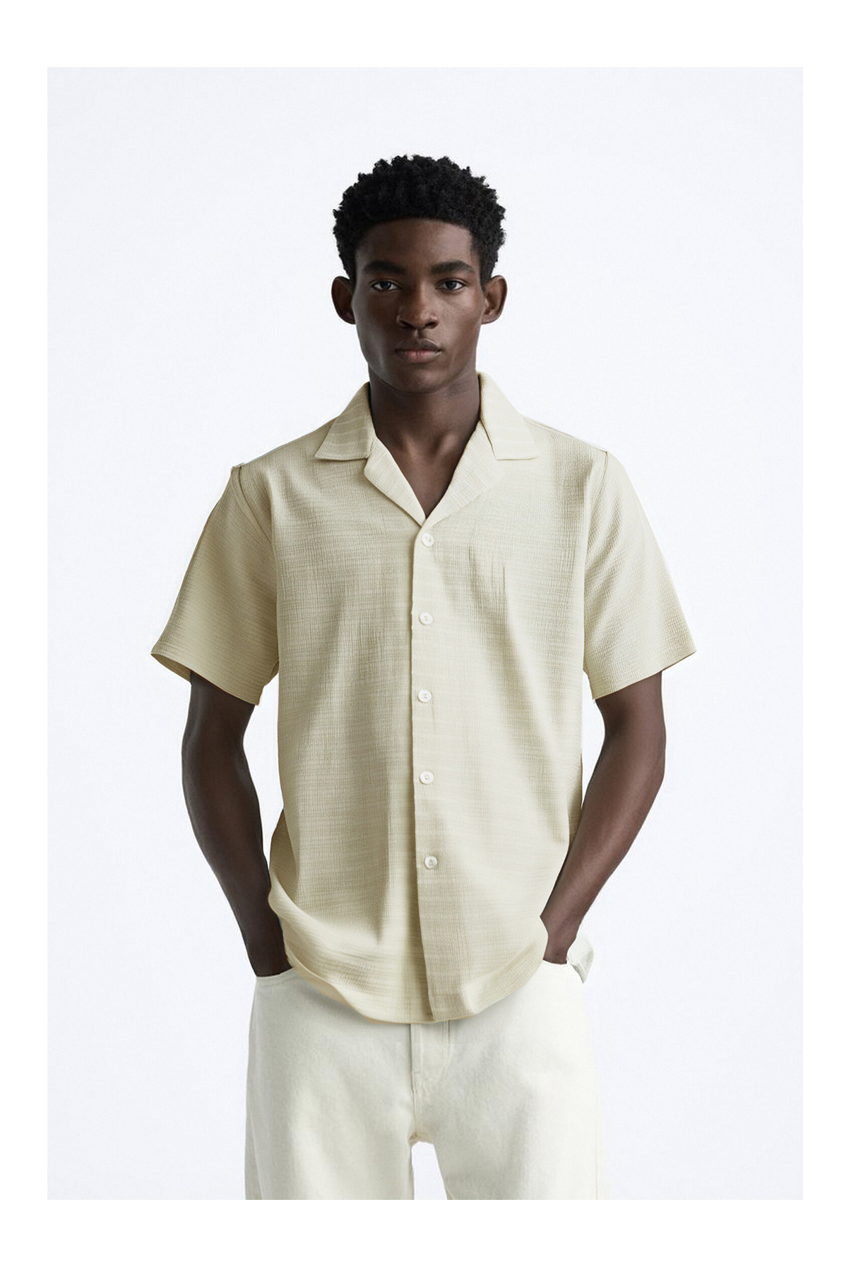 Minimalist Textured Crepe Fabric Cuban Collar Short Sleeve Shirt