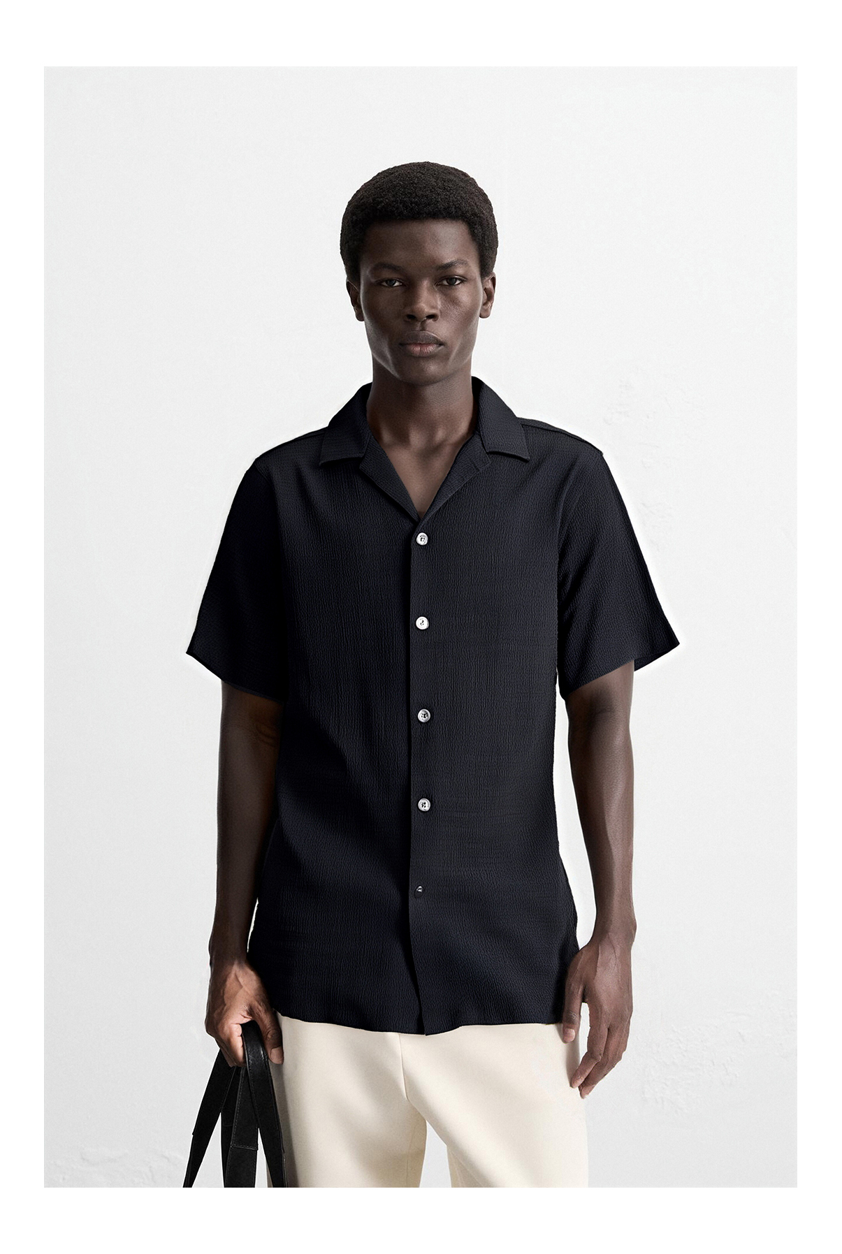 Elastic Textured Crepe Fabric Cuban Collar Short Sleeve Shirt