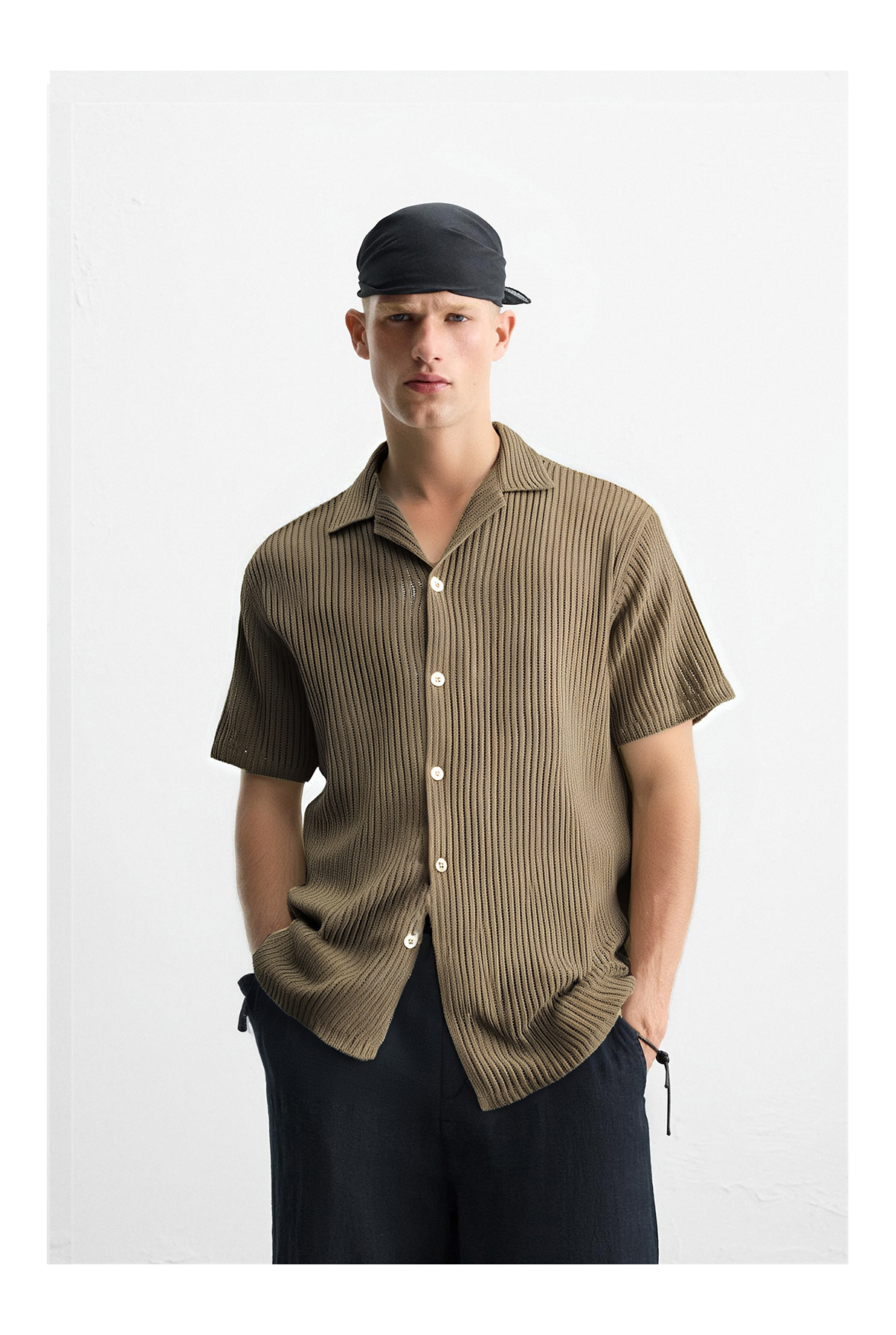 Breathable Textured Crepe Fabric Cuban Collar Short Sleeve Shirt