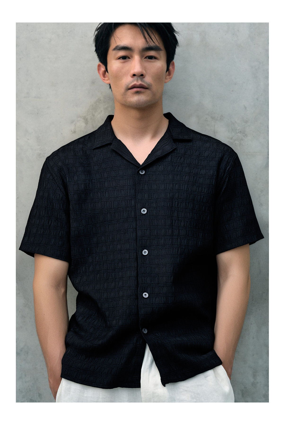 3D Textured Crepe Fabric Cuban Collar Short Sleeve Shirt