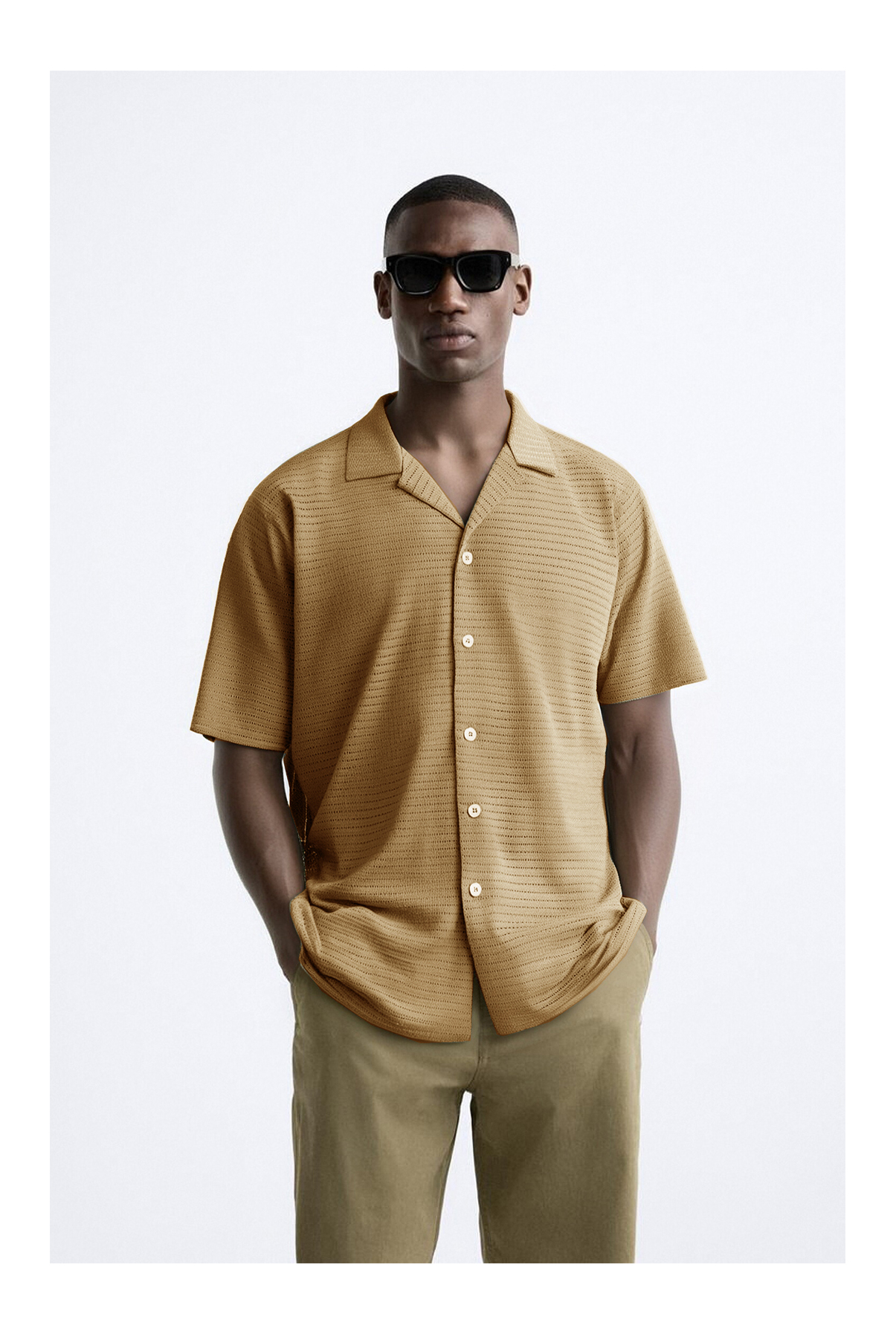 Rhythmic Textured Crepe Fabric Cuban Collar Short Sleeve Shirt