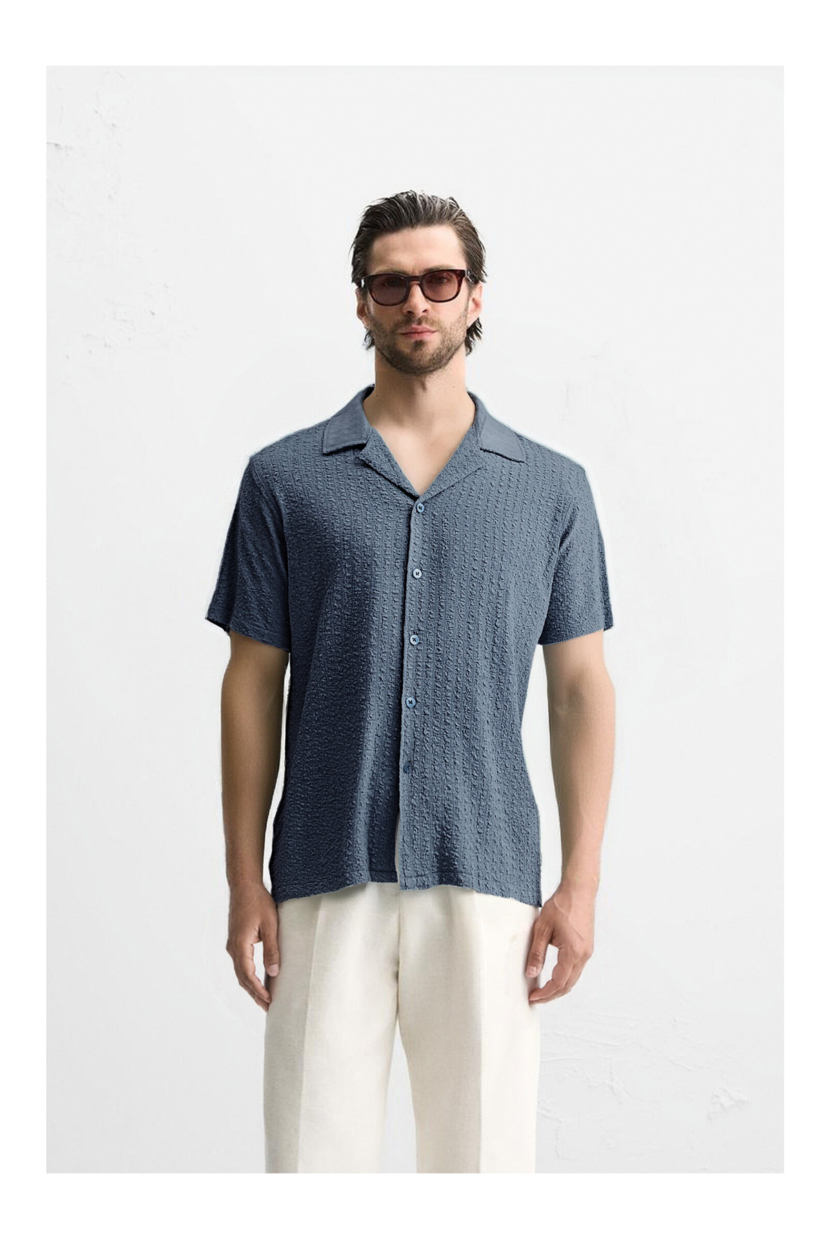 Matte Voluminous Crepe Fabric Cuban Collar Short Sleeve Shirt