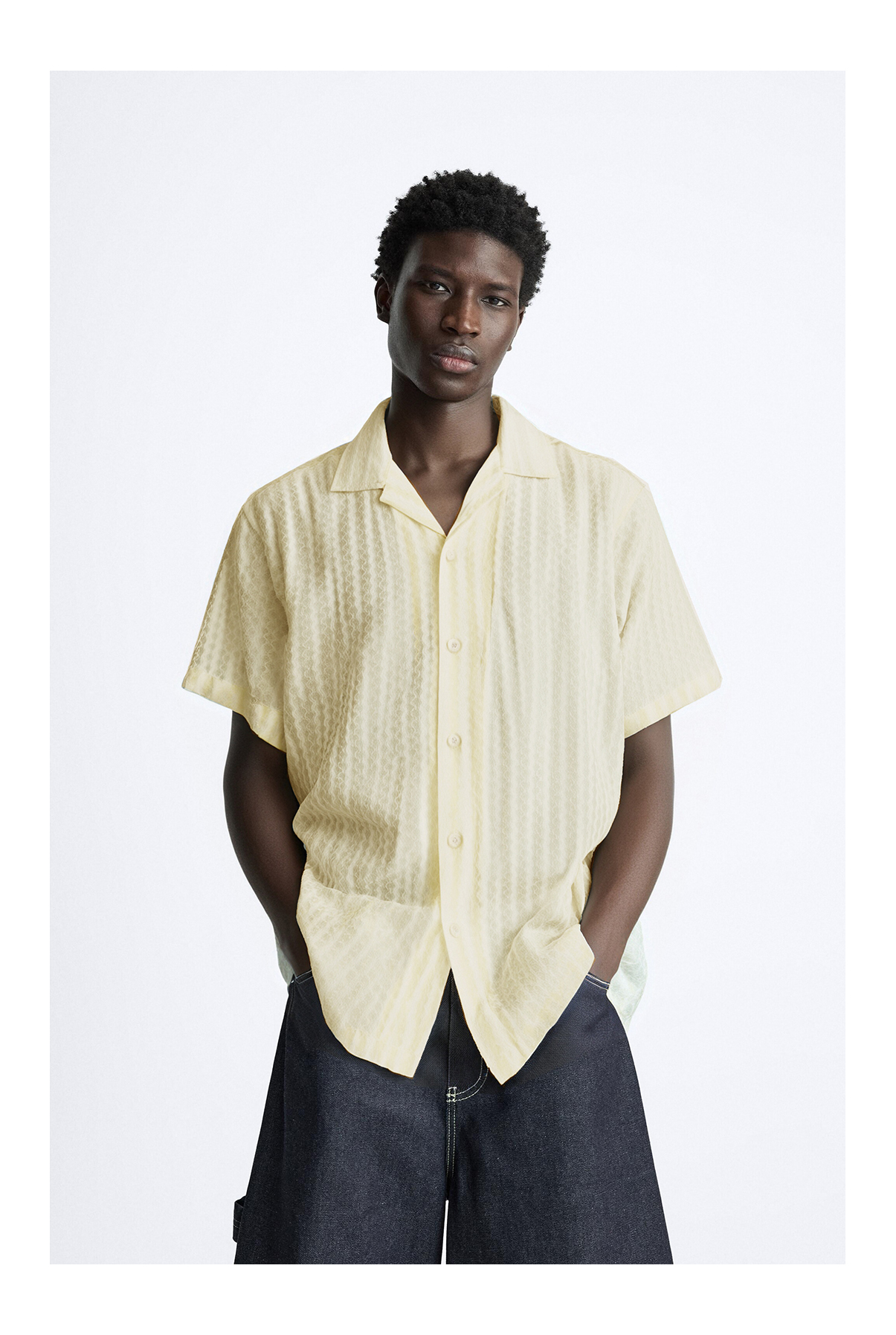 3D Textured Crepe Fabric Cuban Collar Short Sleeve Shirt