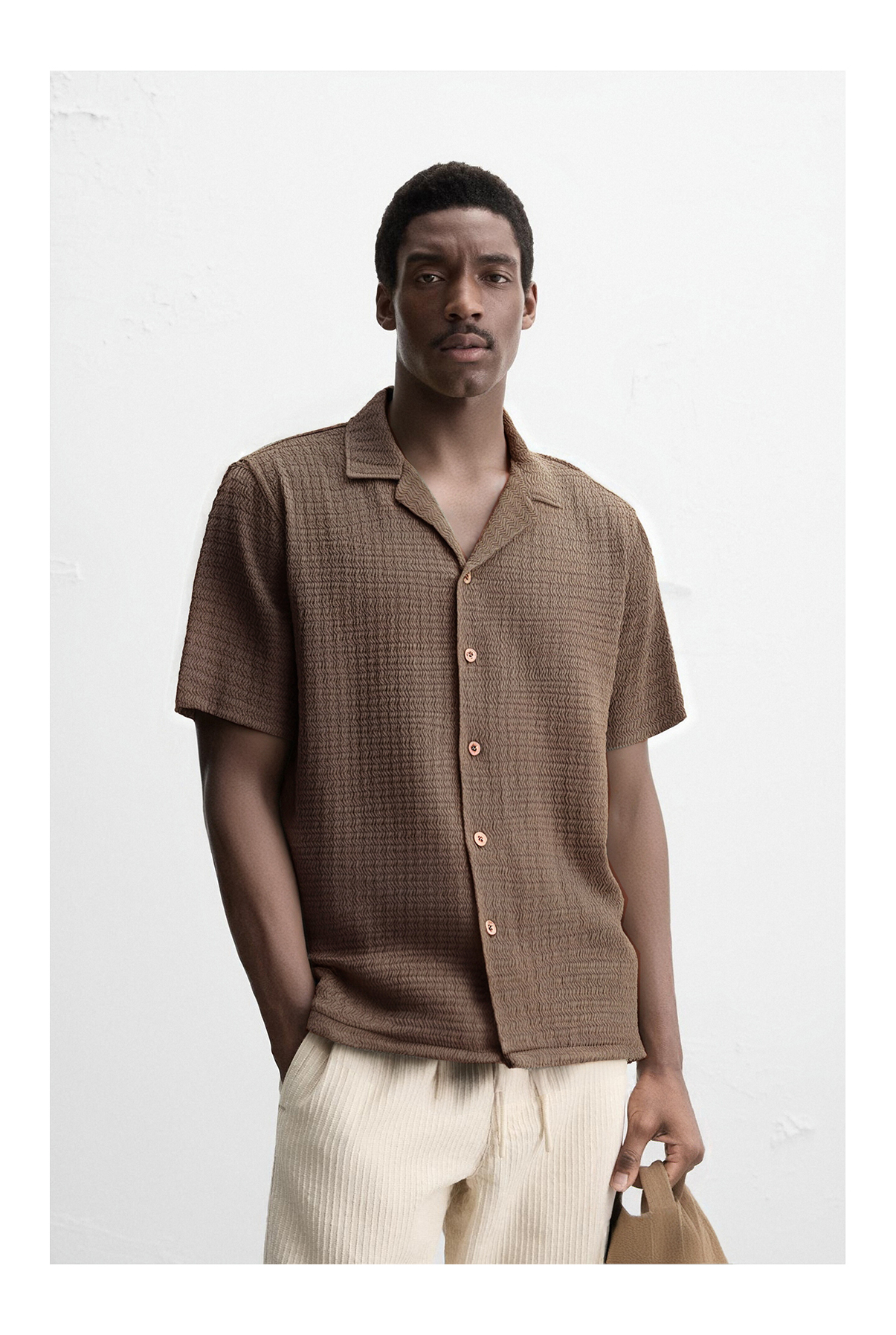 Vintage Textured Crepe Fabric Cuban Collar Short Sleeve Shirt