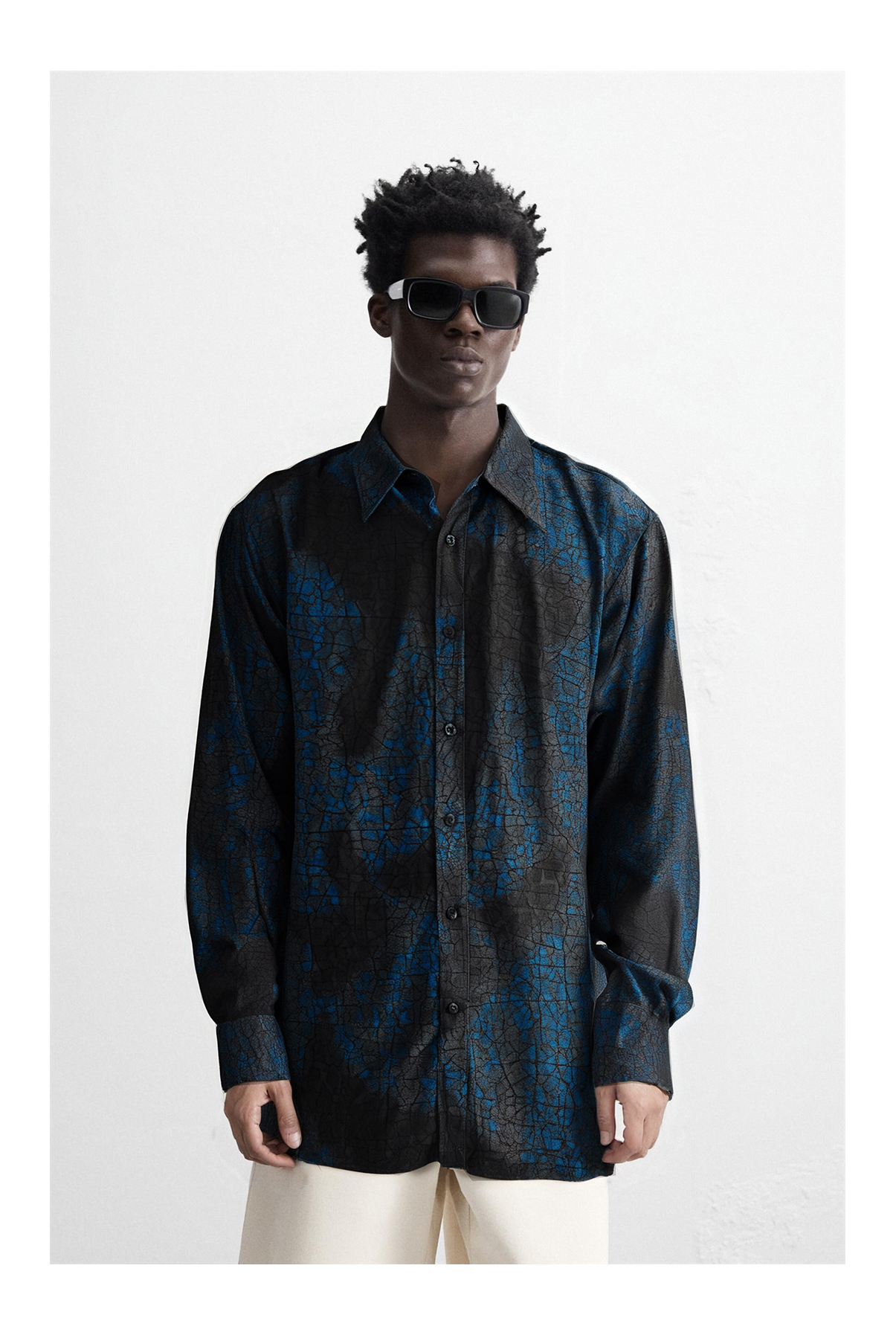 Crackle Foil Print Point Collar Long Sleeve Finished Fabric Shirt