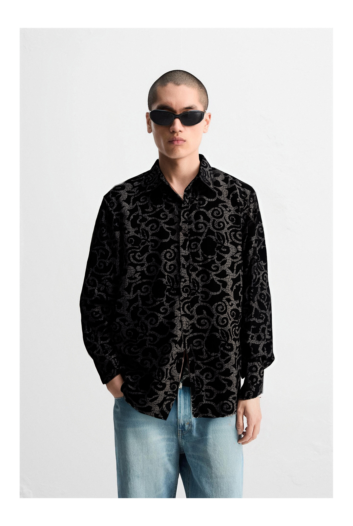 Swirl Pattern Crackle Print Point Collar Long Sleeve Finished Fabric Shirt