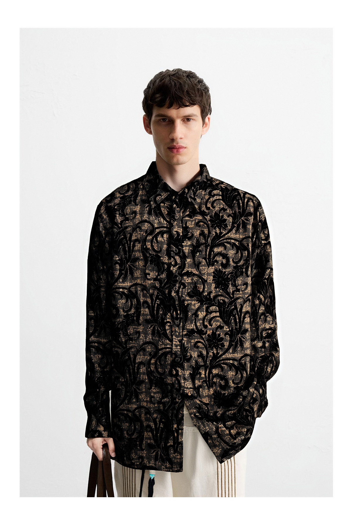 Velvet Flocked Scrollwork Crackle Foil Print Point Collar Long Sleeve Finished Fabric Shirt