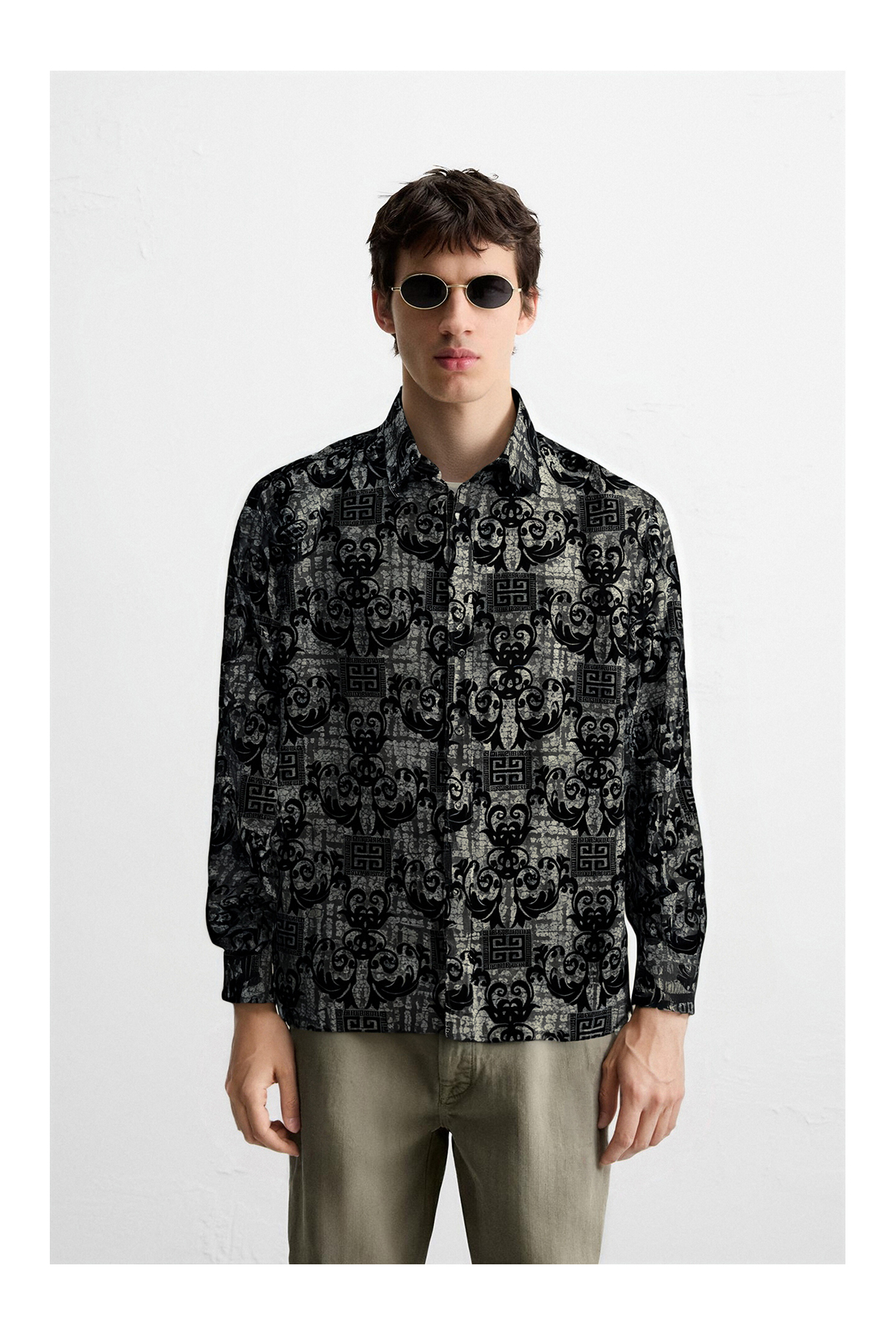 Scroll Cloud Pattern Flocked Point Collar Finished Long Sleeve Fabric Shirt