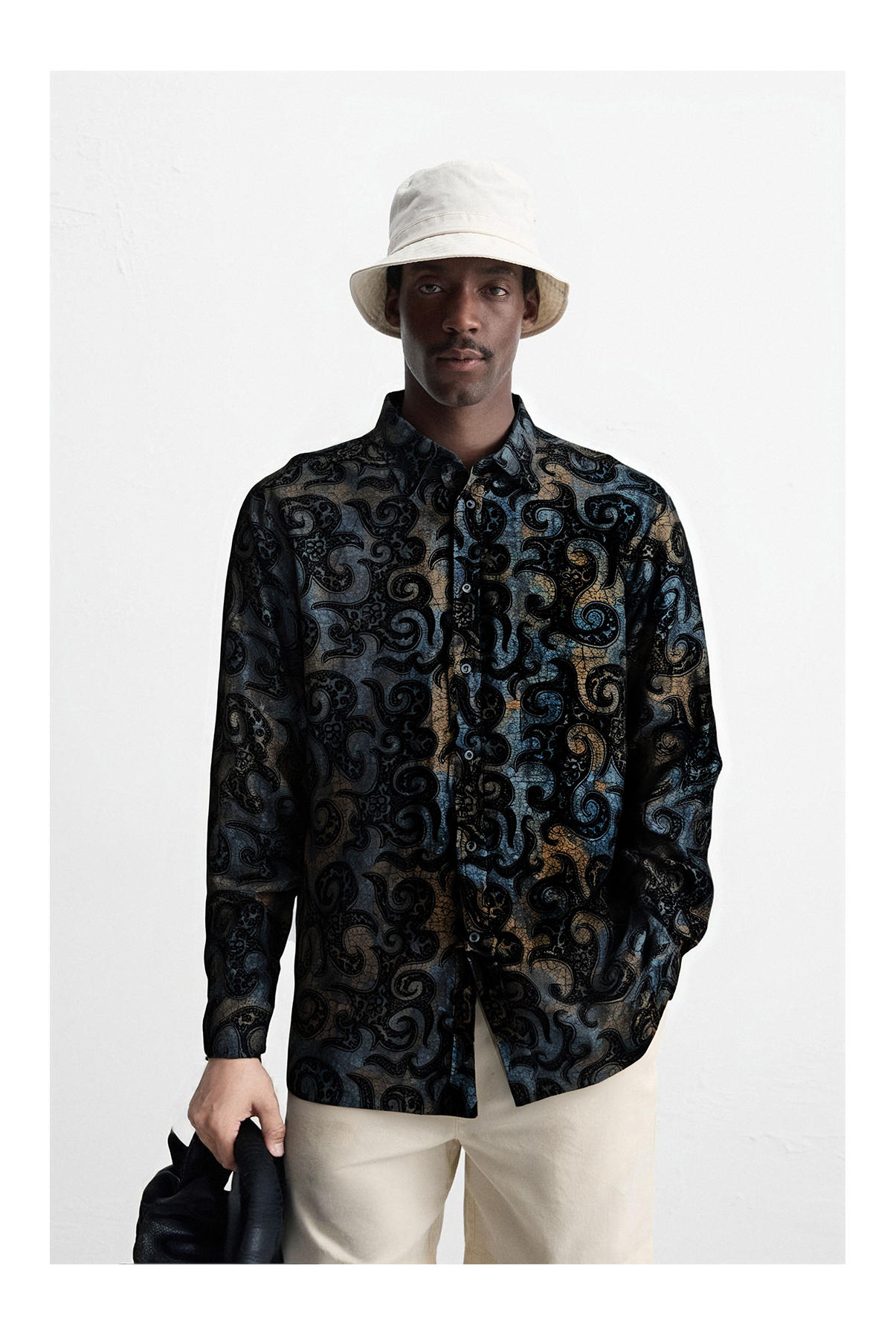 Paisley Pattern Point Collar Long Sleeve Flocked Finished Fabric Shirt