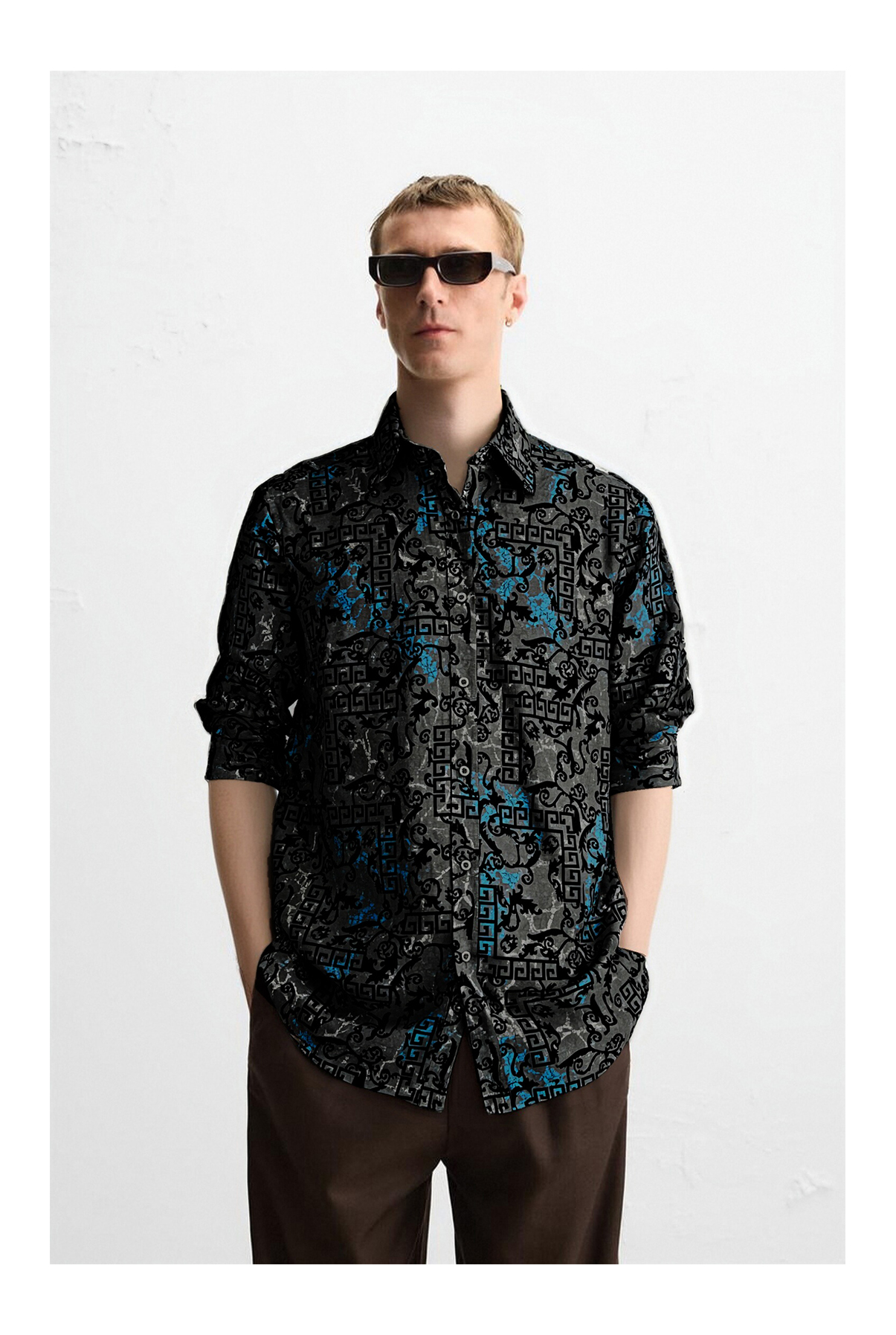 Meander & Scroll Cloud Pattern Point Collar Long Sleeve Flocked Finished Fabric Shirt