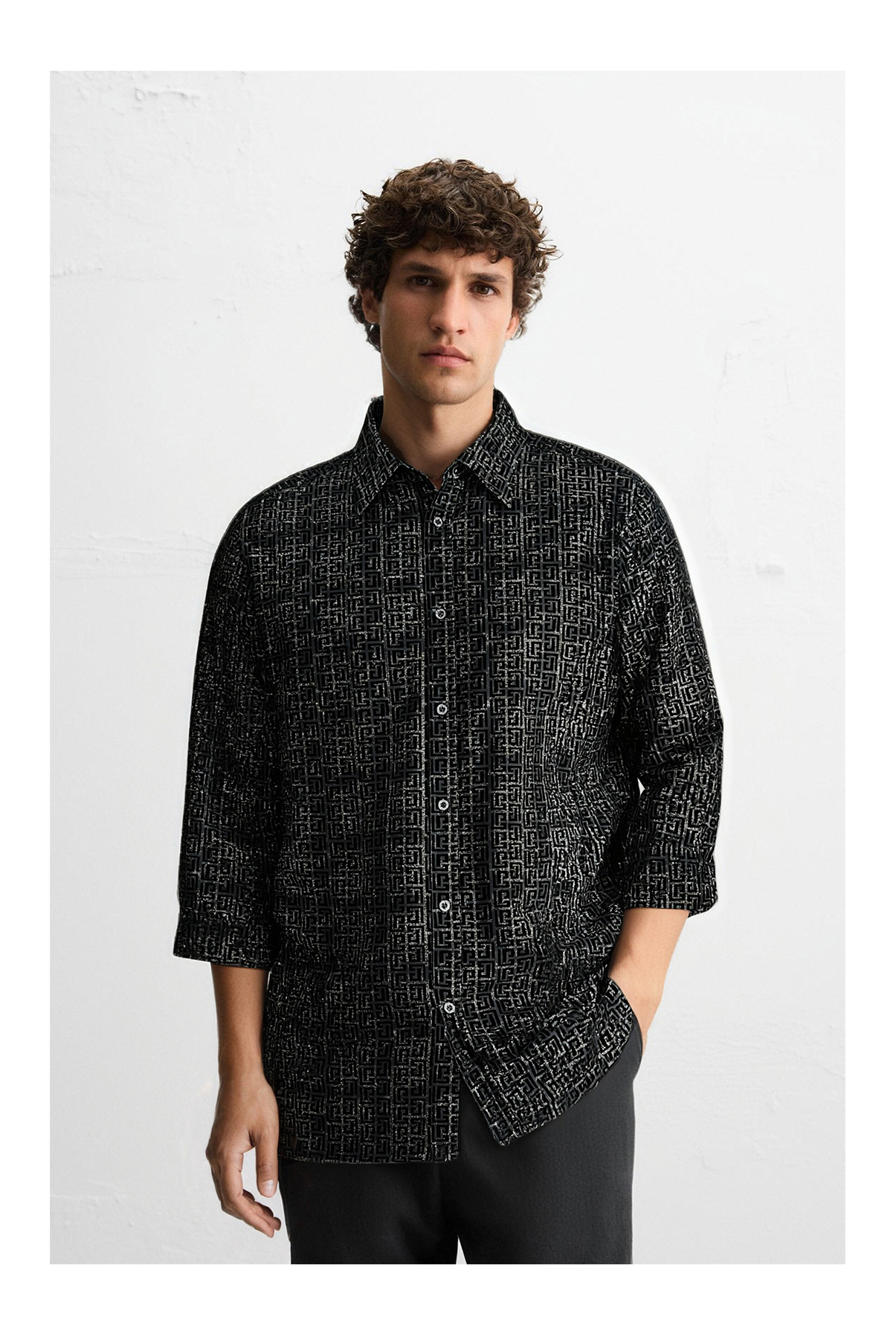 Meander Pattern Point Collar Long Sleeve Flocked Finished Fabric Shirt