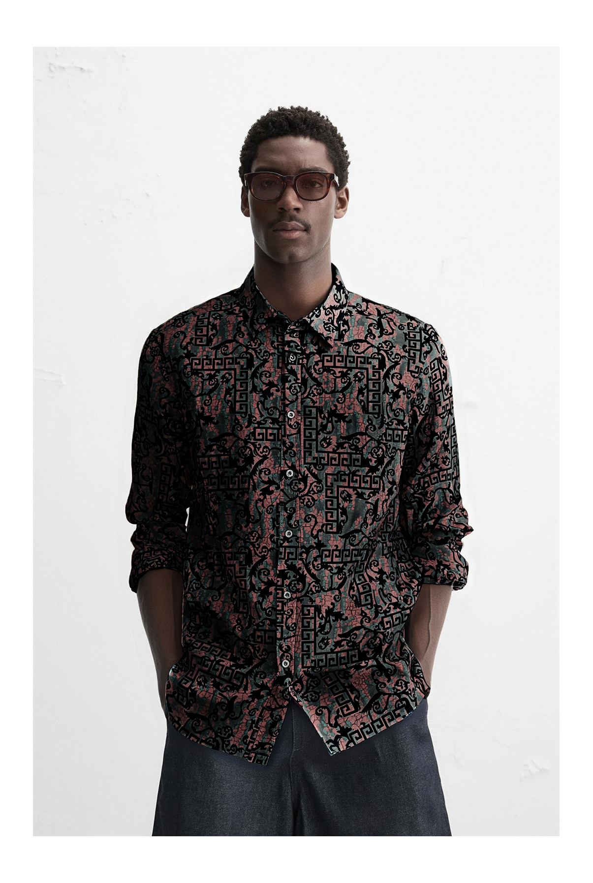 Oriental Retro Point Collar Long Sleeve Flocked Finished Fabric Shirt