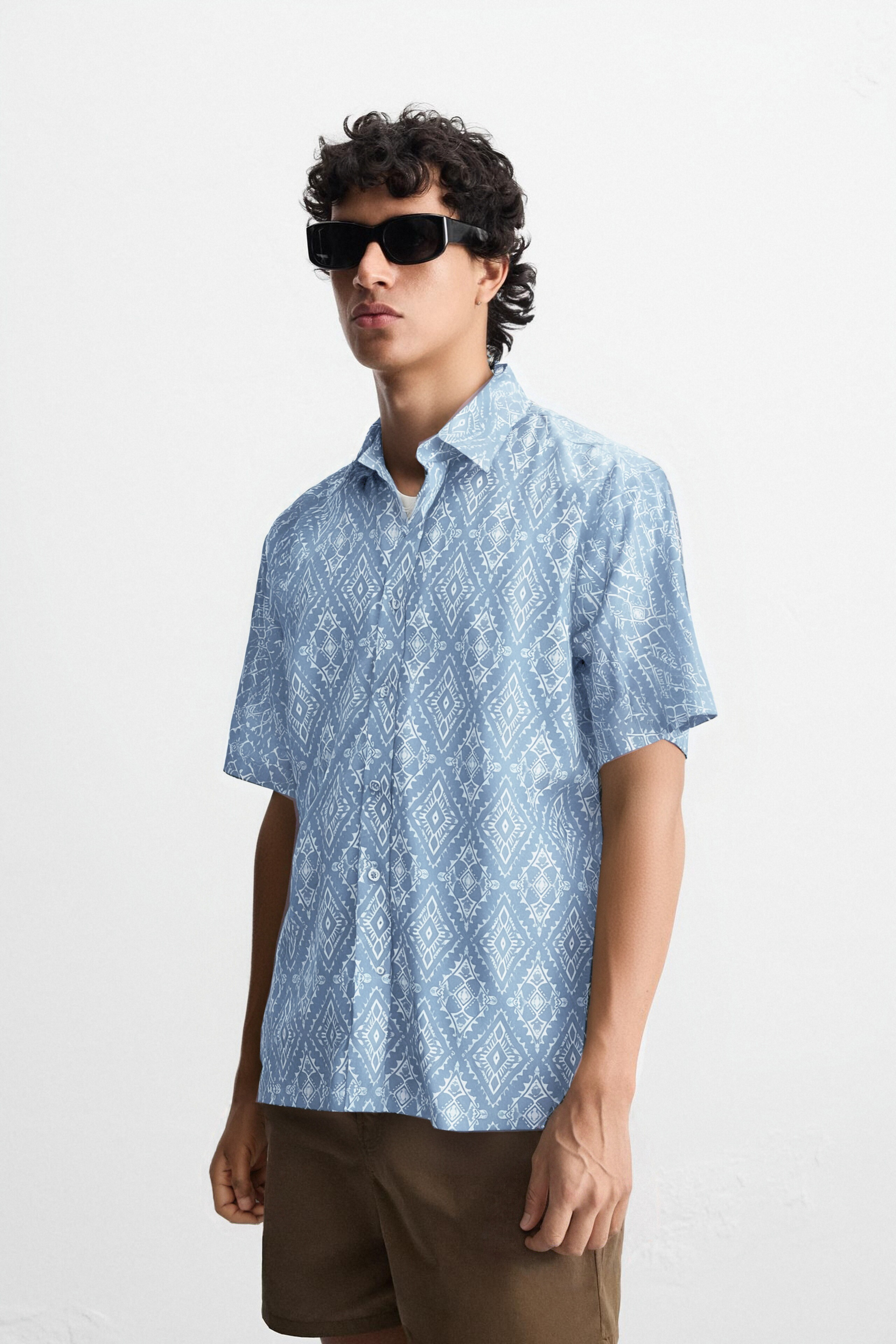 Ethnic Diamond Geometric Print Cuban Collar Short Sleeve Printed Fabric Shirt