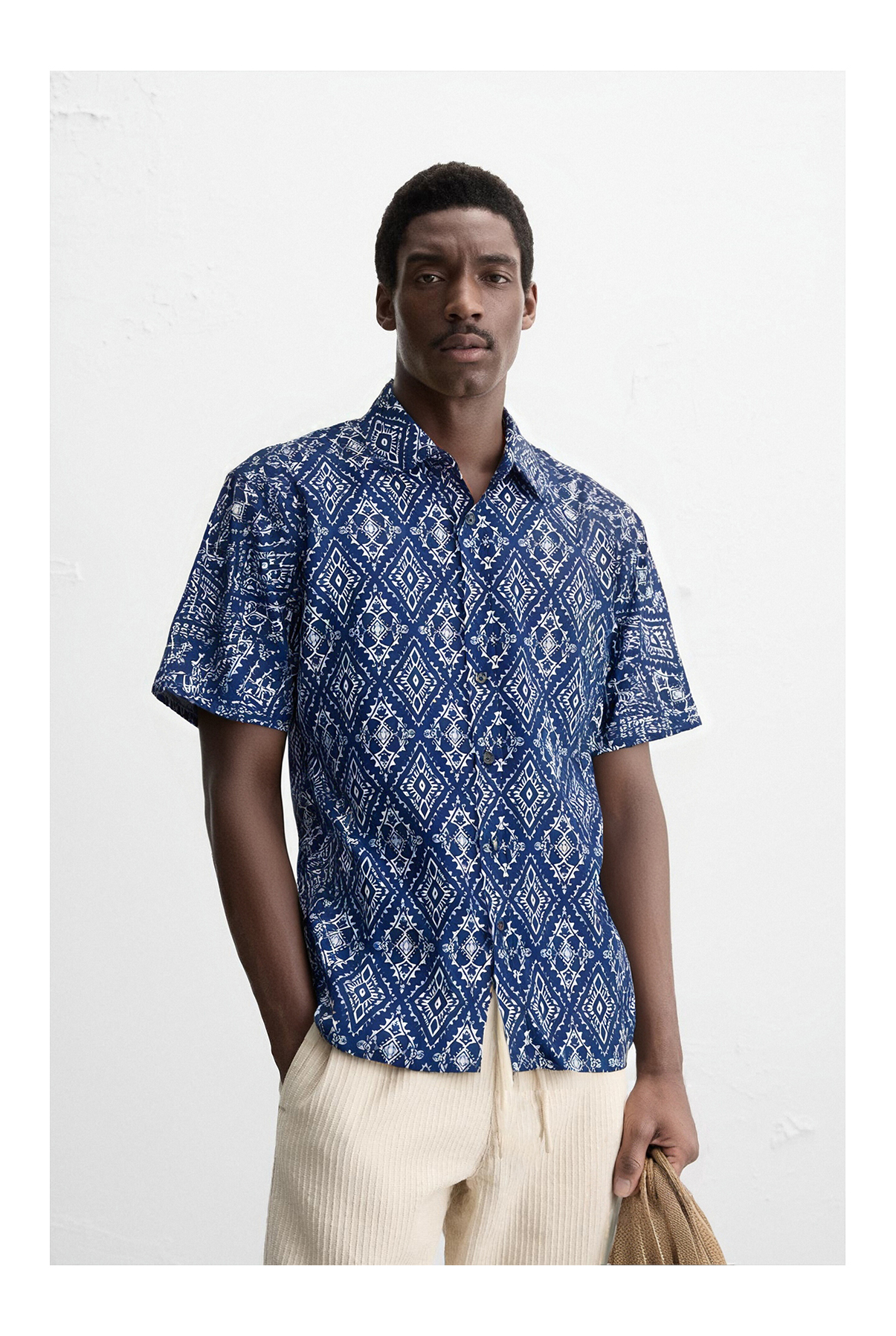 Indigo Aztec Print Cuban Collar Short Sleeve Printed Fabric Shirt