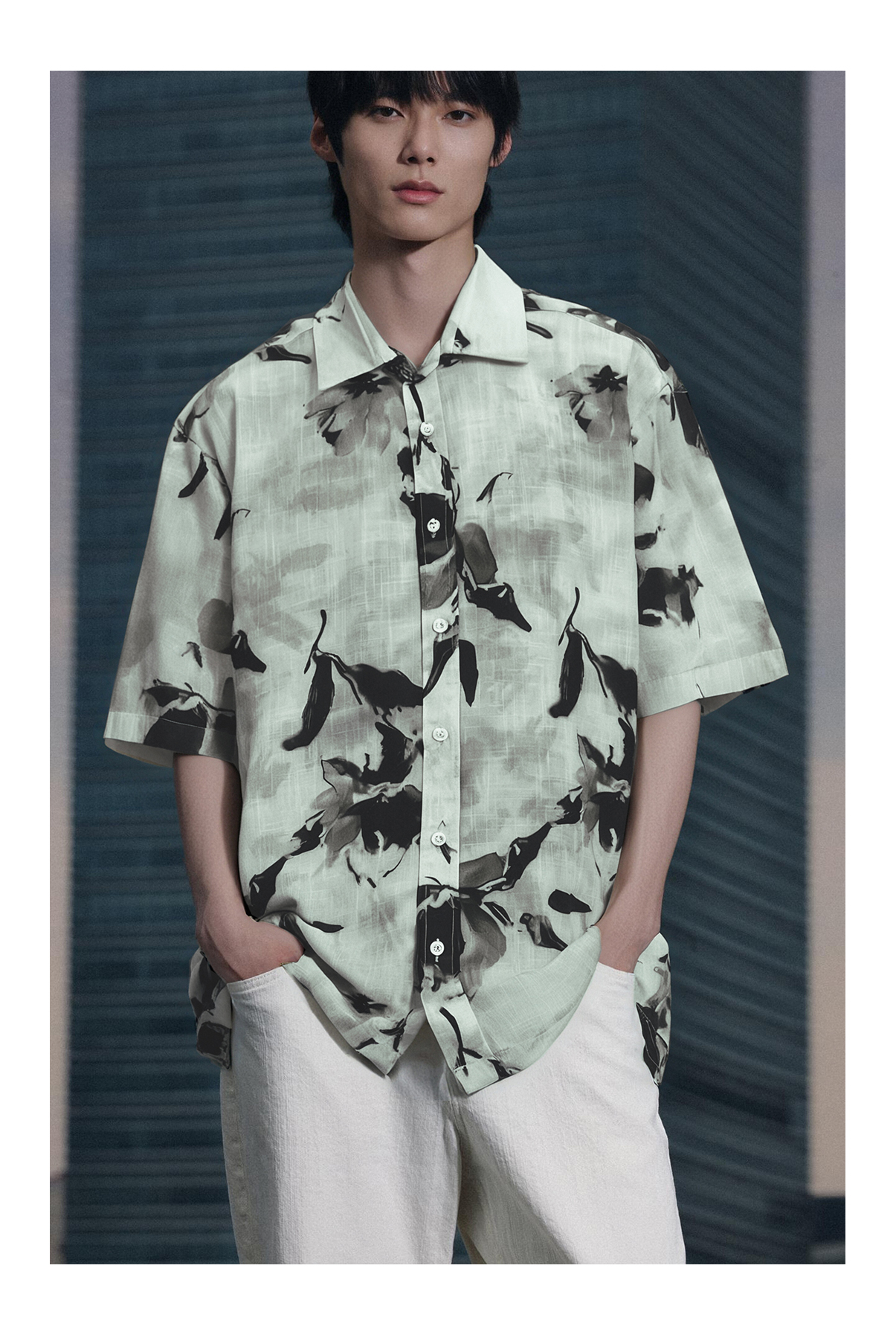 Ink-Wash Abstract Leaf Print Cuban Collar Short Sleeve Printed Fabric Shirt