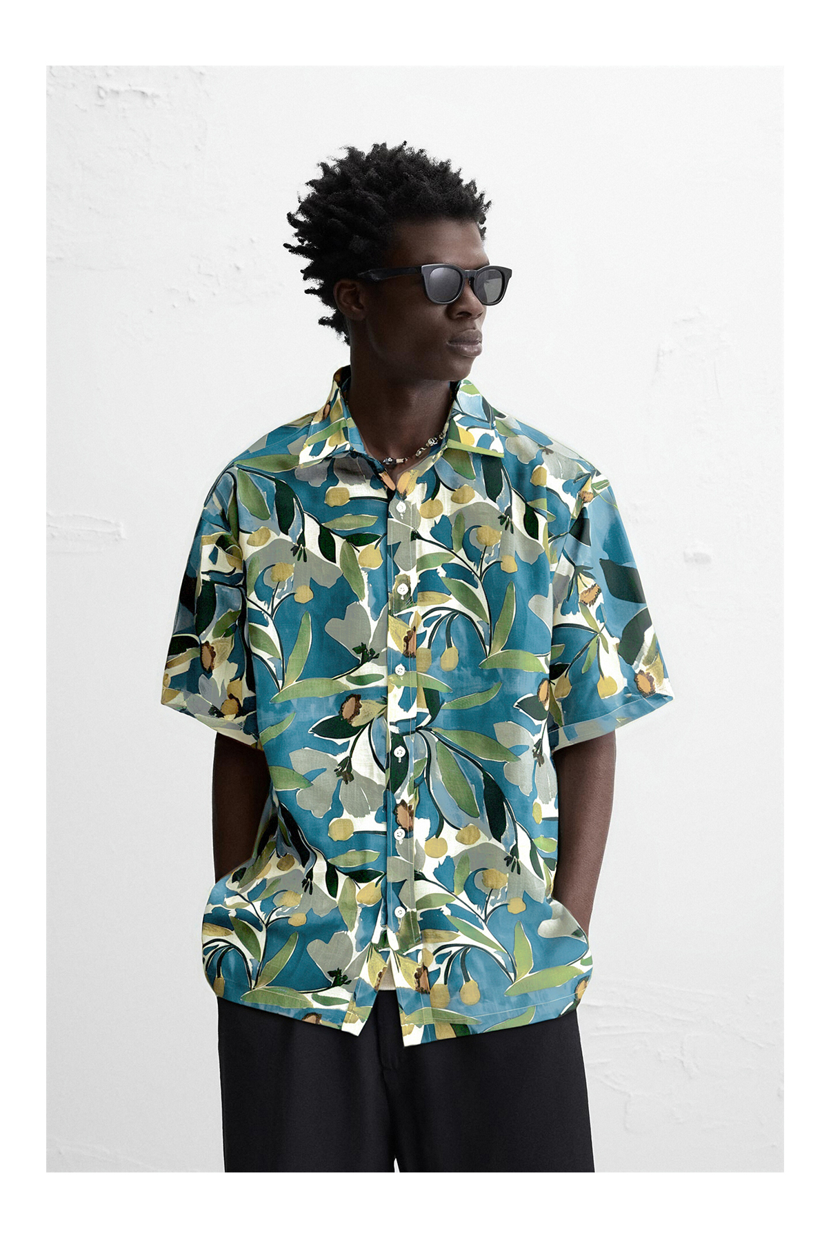 Vibrant Botanical Pattern Cuban Collar Short Sleeve Printed Fabric Shirt