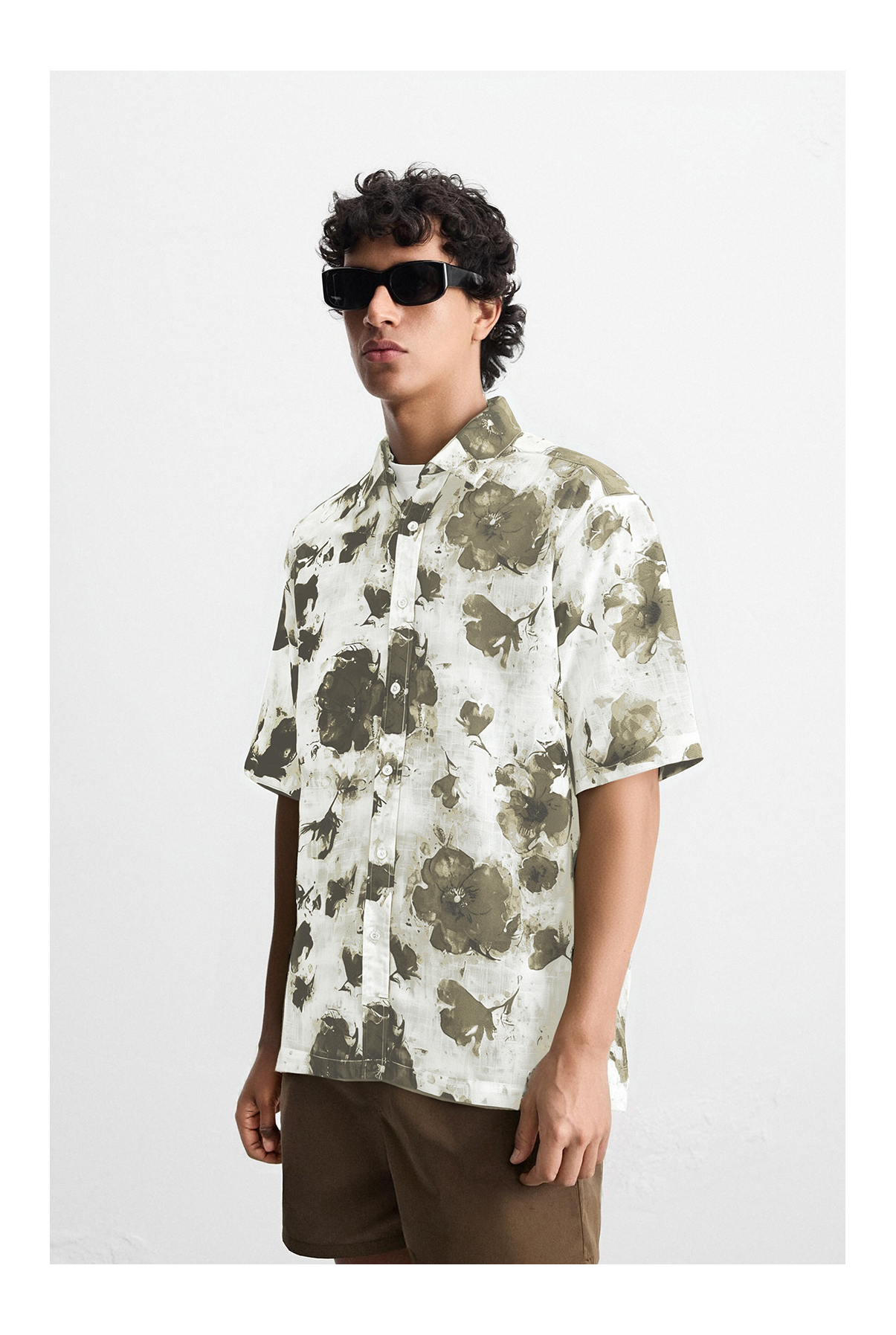 Ink-Wash Floral Print Cuban Collar Short Sleeve Printed Fabric Shirt